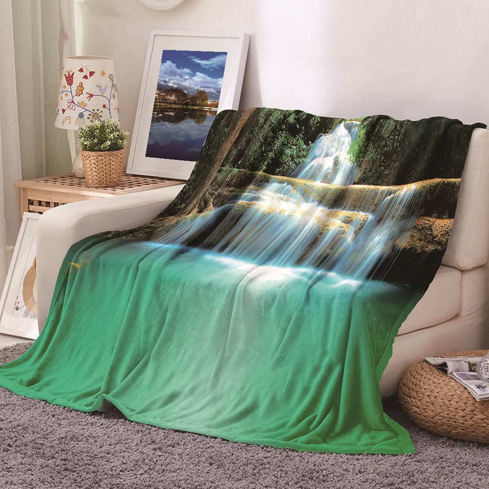 Couverture plaid en flannel 180x200cm motif cascades d'eau vertes pour lit et canapé douillet