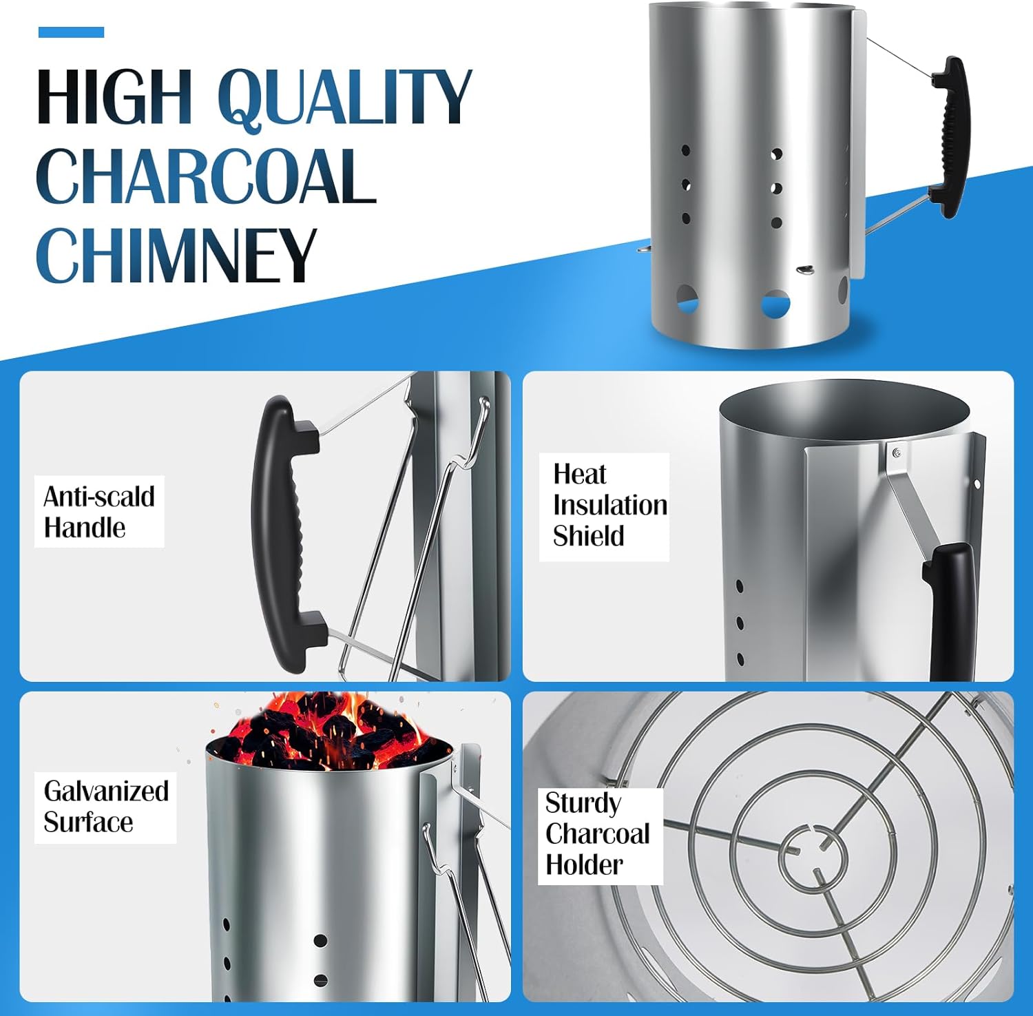 REDACMP 12"H Extra Large Rapid Charcoal Chimney Starter Set, Premium Chimney Starter for Charcoal Grills BBQ Fireplace Accessories with Heat Resistant Gloves Blower for Outdoor Grill Camping