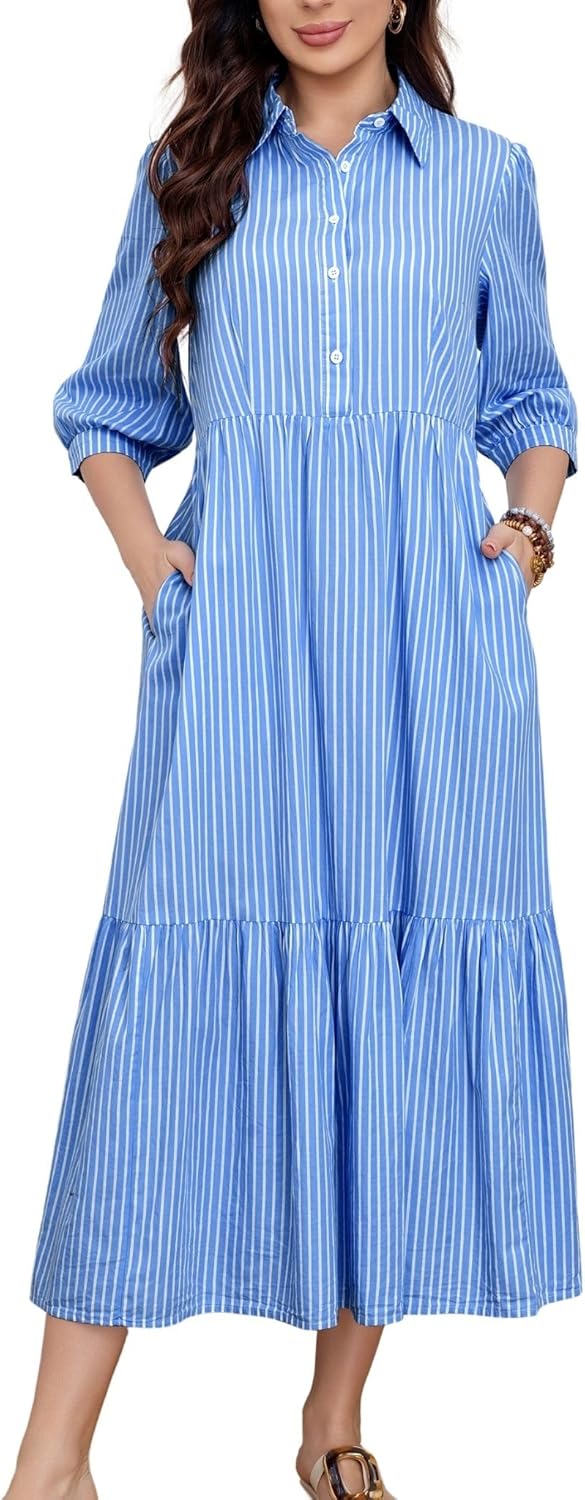 chouyatou Women Striped Printed Button Up Polo Collar Shirt Dress 3/4 Sleeve Ruffle Tiered Maxi Long Dress