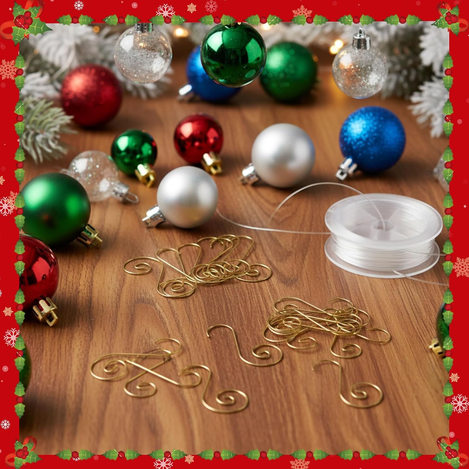 MorningRo 200 Pcs Ornament Hooks & 656ft Clear Fishing Wire Kit Christmas Ornament Hangers Gold, Hanging Metal Hooks Anchors & Nylon Fishing Line for Christmas Tree Xmas Balls Party Decorations