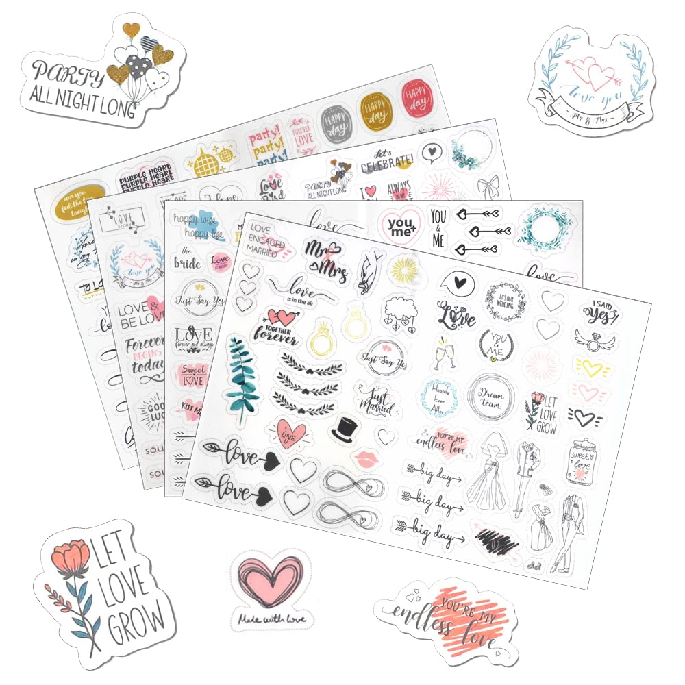 JUNMEIDO 8 Hojas Pegatinas Scrapbooking Boda 460 pcs Pegatinas para Libro de Visitas de Boda Autoadhesivo Pegatinas Album Fotos Boda Pegatinas Decorativas Album Boda para Decorar Tarjeta Regalo