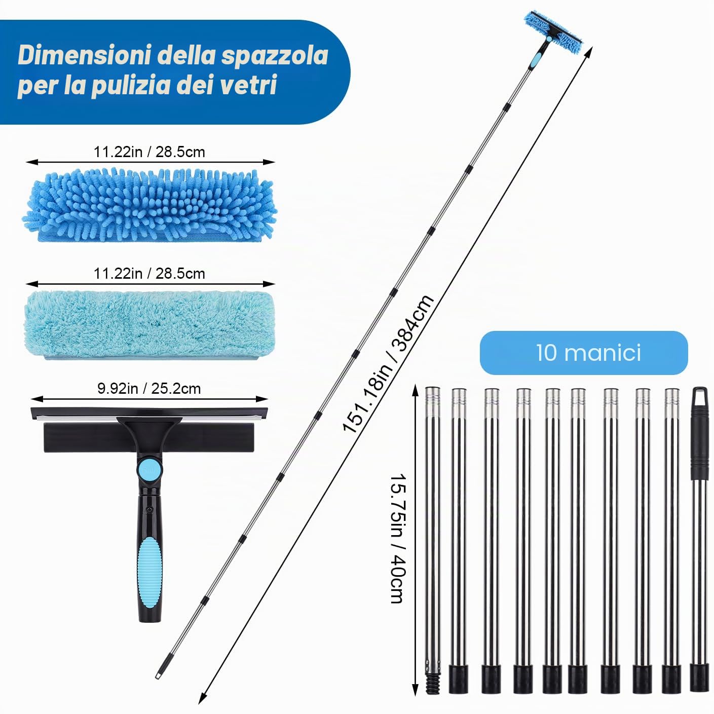 4.3m Pulitore per finestre estensibile, attrezzatura per la pulizia dei vetri delle finestre 2 in 1, strumento telescopico lungo per la pulizia dei vetri delle auto con 2 panni in microfibra e lama