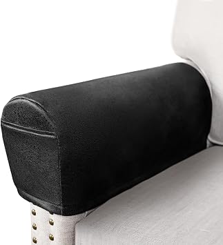 ANARACHON Leather Look Couch Arm Covers Set of 2 Armrest Covers for Sofa Chair Arm Protectors Stretch Armchair Slipcovers with Pockets Washable Spandex Fabric Medium, Black
