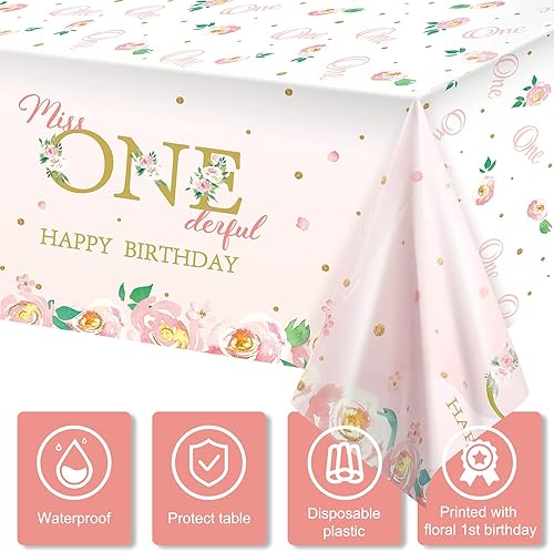 Miniatura 4 de Tatuo Mantel de 3 piezas para fiesta de primer cumpleaños, mantel desechable de plástico con diseño floral de Miss Onederful para niños, suministros