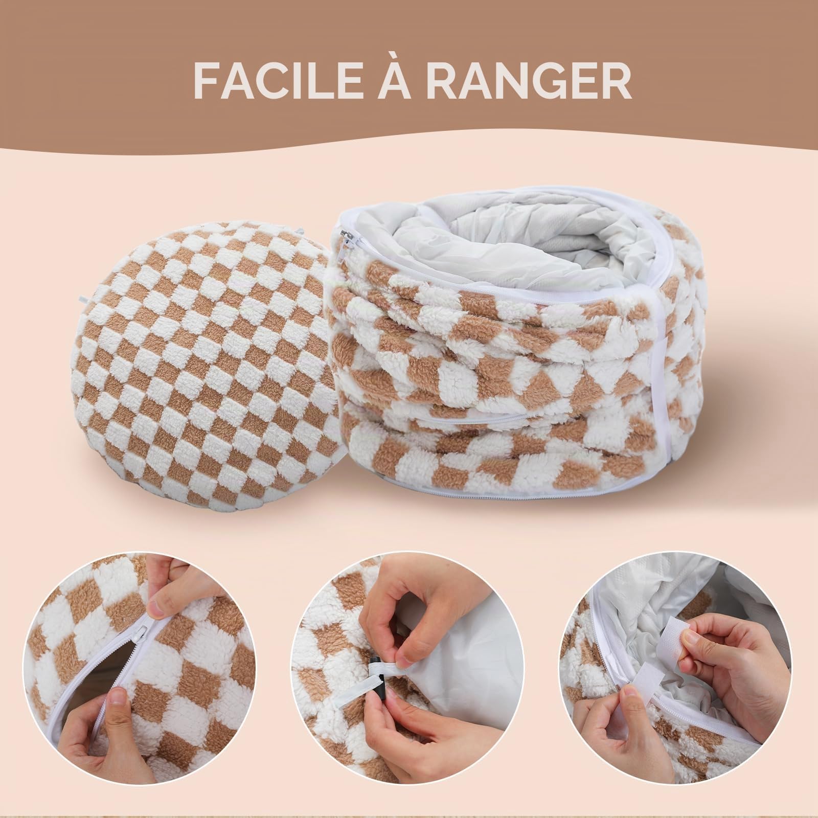 PAWZ Road Tunnel pour chat en peluche, 2 en 1, forme ronde, donut et lit pour chat, diamètre : 85 cm, marron