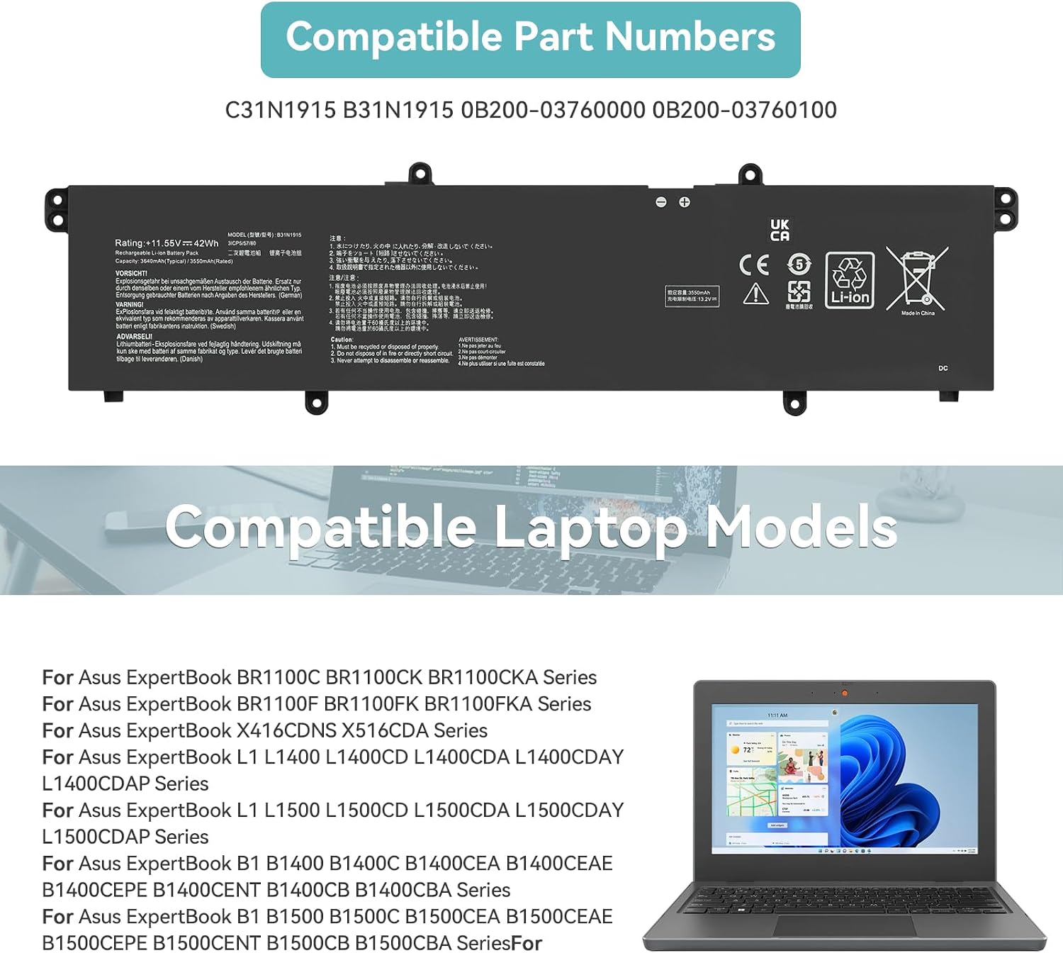 K KYUER B31N1915 C31N1915 Аккумулятор для ноутбуков Asus ExpertBook BR1100CKA, BR1100FKA, L1, L1400, L1400CDA, L1500, L1500CDA, B1, B1400, B1400C, B1400CEAE, B1400CEPE, B1500, B1500C, B1500CEAE, B1500CEPE серии, 3640 мА·ч