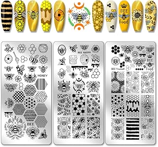 PH PandaHall 3pcs Bee Theme Nail Stamping Plates Sweet Honeycomb Nails Art Stencils Honey Beehive Manicure Art Templates Sunflowers Print Nail Stencils for Women Manicures Salon Design Supplies