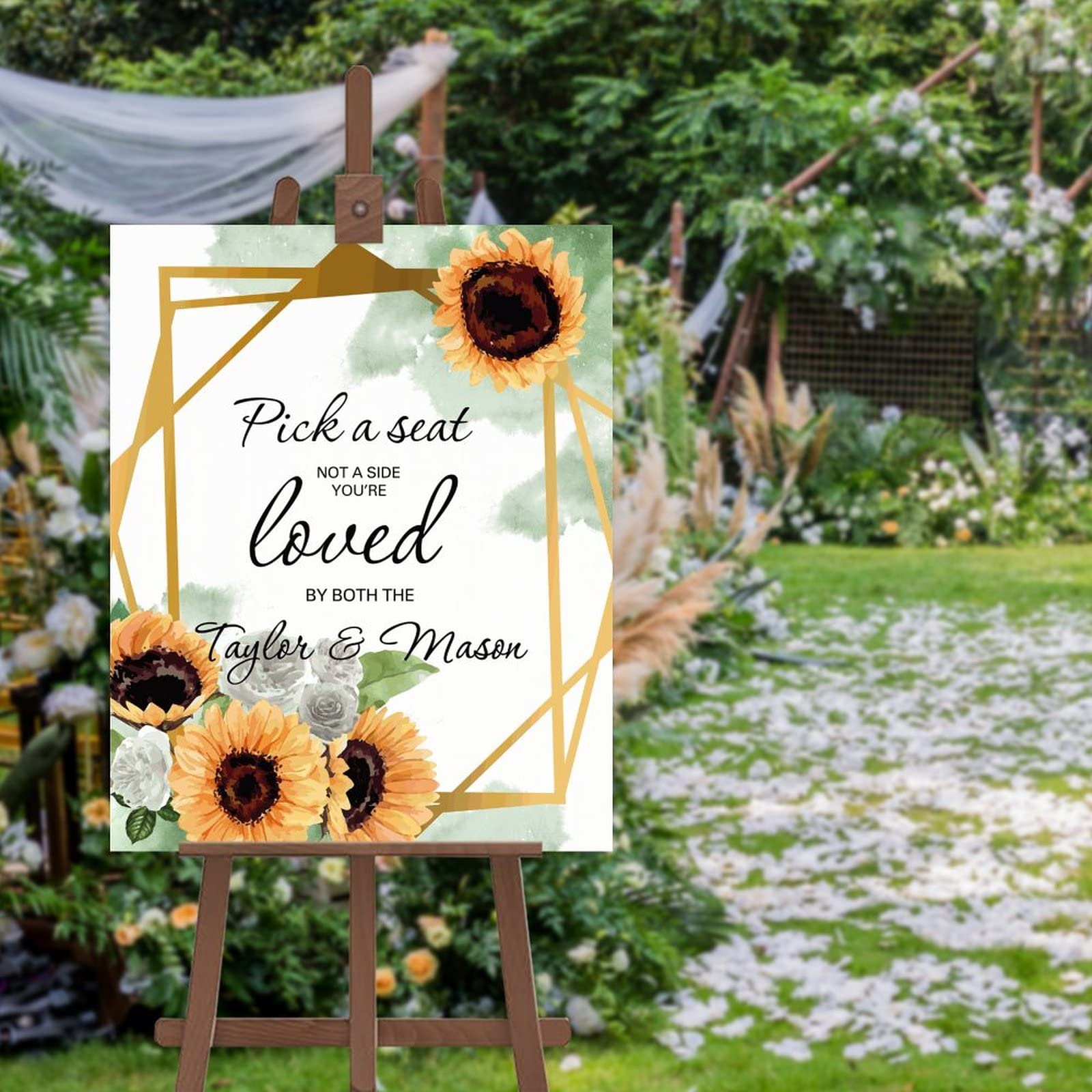 Panneau de bienvenue mariage personnalisé tournesols et roses 45x61 cm