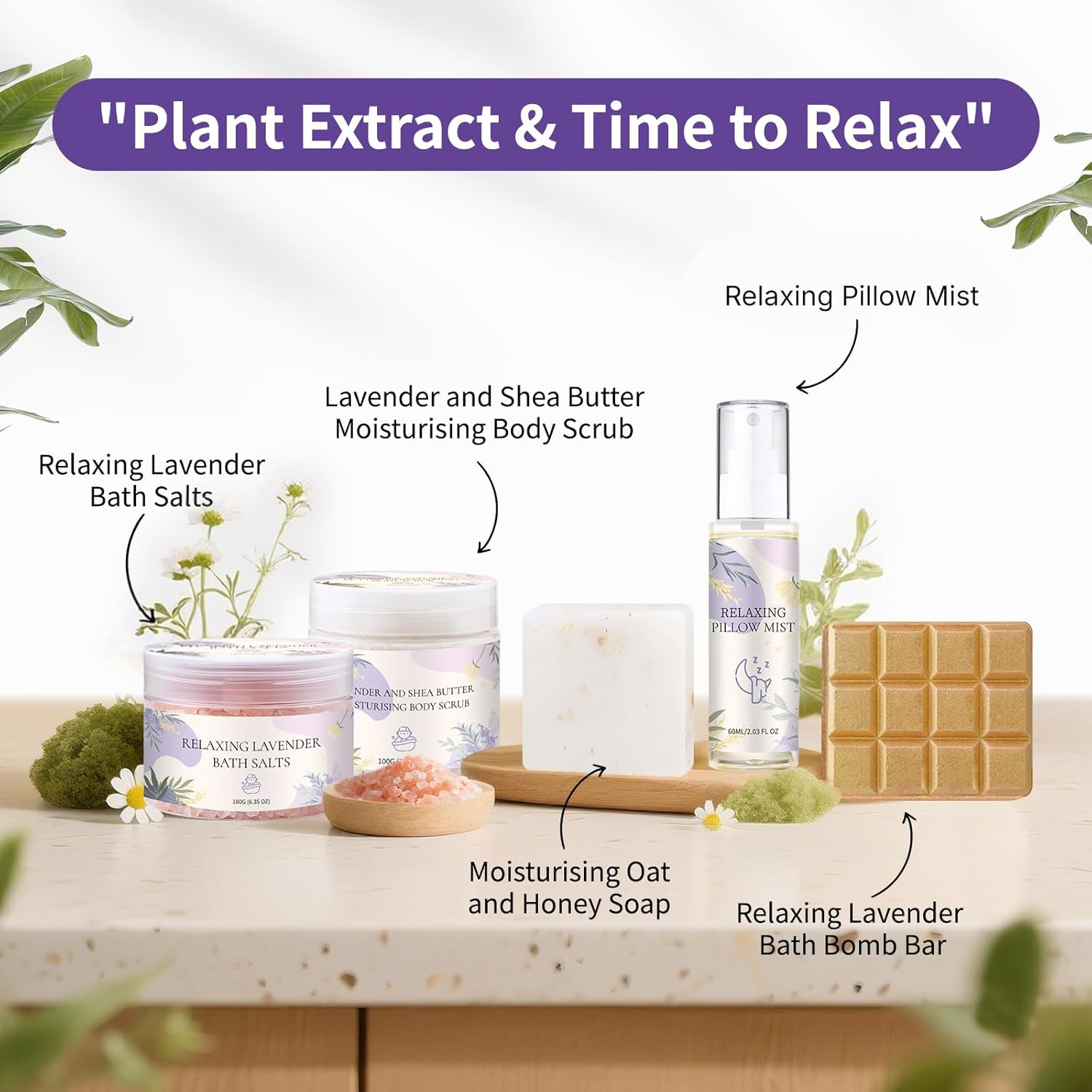 Roseye Lavender Spa Gift Set- 5pcs with Bath Salts, Shea Butter Scrub, Pillow Mist, Soap & Bath Bomb, Relaxing Birthday Christmas Gifts for Women, Mom, Sister, Girlfriend, Home Spa Care - Image 2