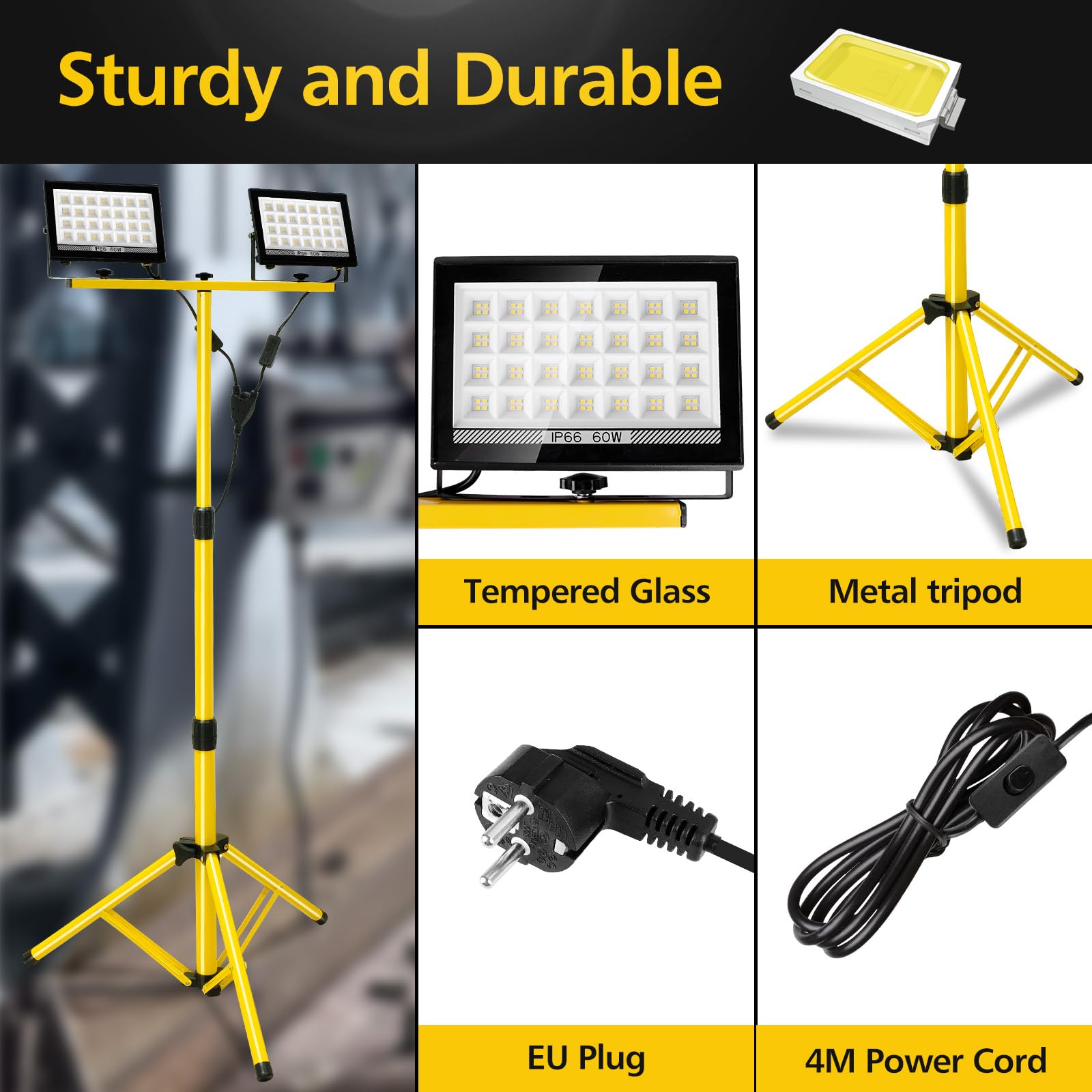 T-SUN 11,000LM Projecteur LED sur Trépieds, 2 x 60W Projecteur de Chantier, Lampes de Travail à LED avec Trépied Télescopique en Métal Réglable, Rotation à 360 °, Câble 4M, Étanche IP66