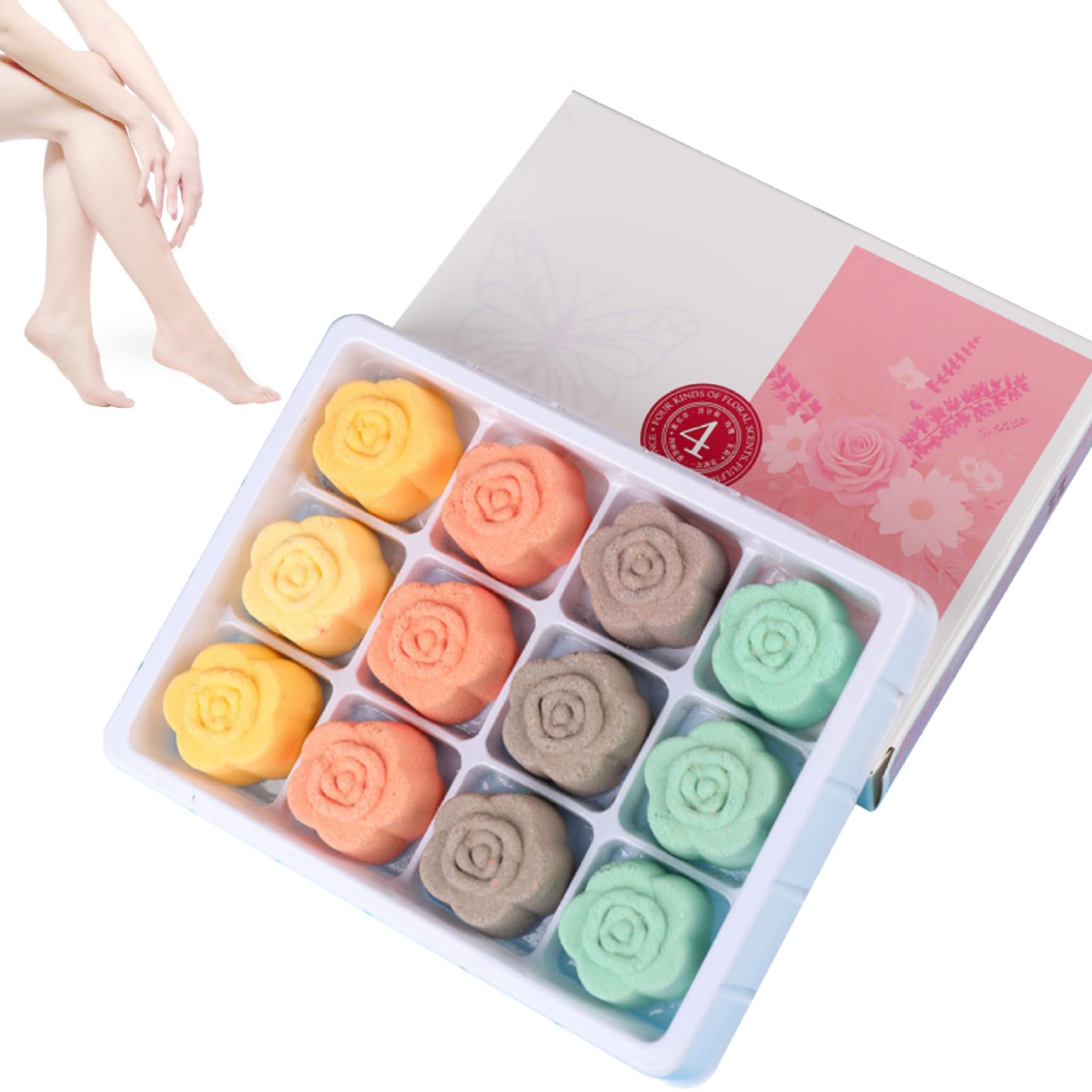Bombes de bain pour les pieds (12 pièces/ensemble) Sels de bain naturels aux 4 parfums lavande, jasmin, rose et camomille. Idéales pour les pieds secs, calleux, crevassés et abîmés. Désodorisan