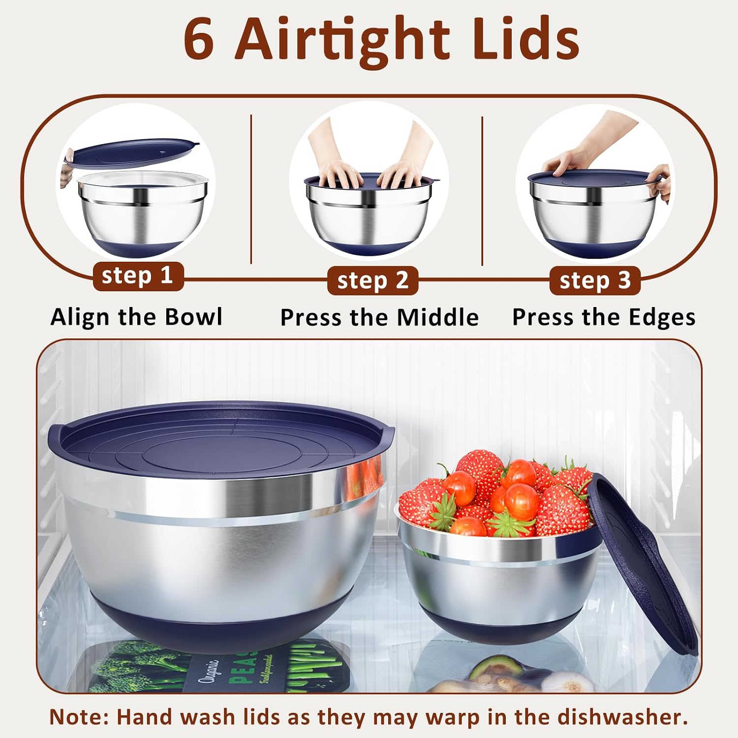 9 Pack Mixing Bowls with Airtight Lids Set, Stainless Steel Mixing Bowls with Grater Attachments, Nesting Kitchen Bowl Set with Non-Silp Bases, Size 5, 4, 3, 2, 1.5,1QT, Navy Blue
