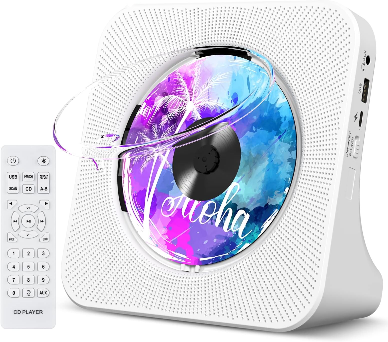 Portable CD Player with Bluetooth, Gueray Desktop CD Players for Home, Bulit-in Double HiFi Speakers, AUX&Headphone Jack, FM Radio Boombox with Remote Control, USB Port,LCD Display (White)