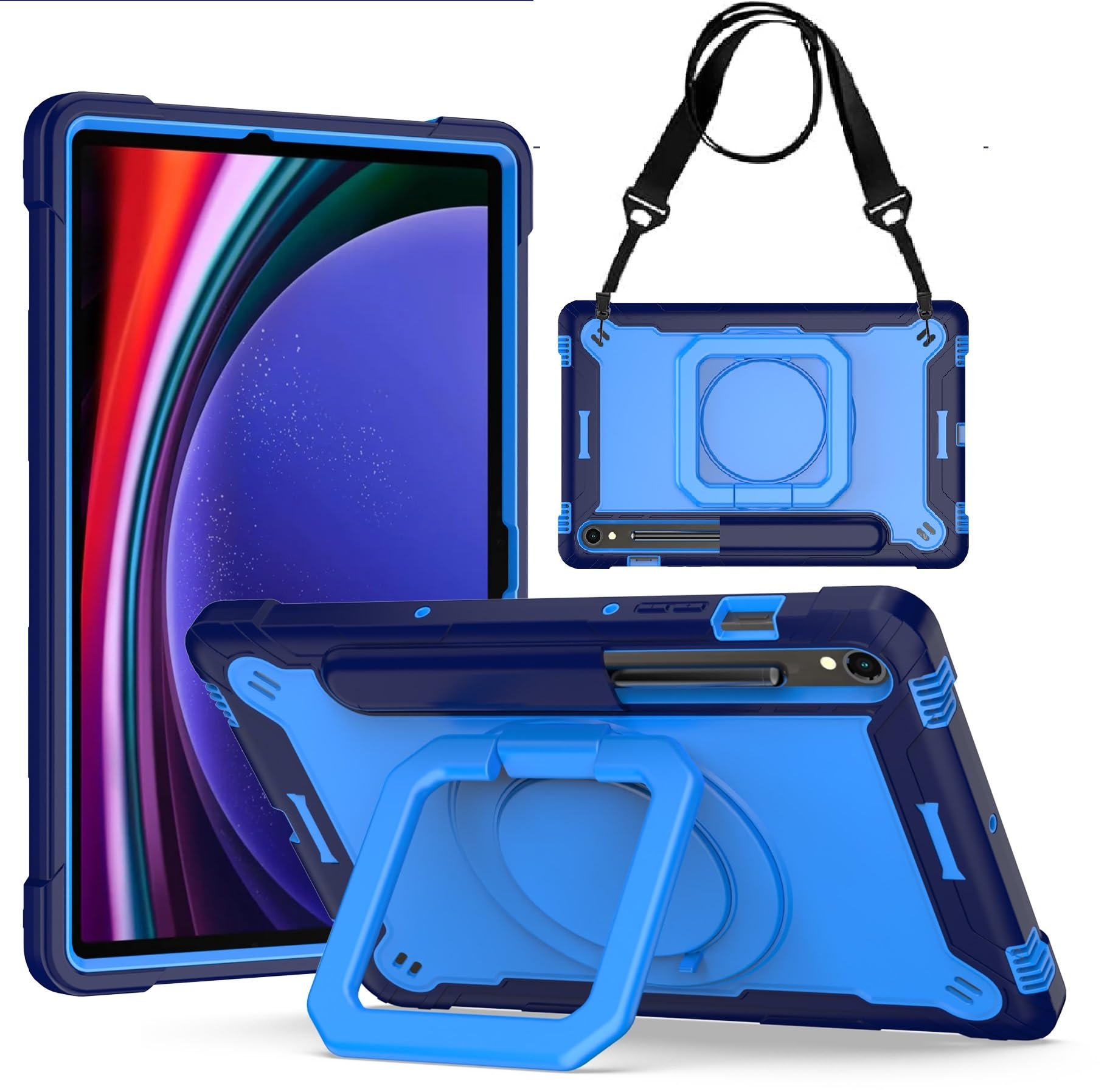 zukof Case for Samsung Galaxy Tab S10 FE/S9 FE 5G (10.9 inch), Rugged Armor Heavy Duty Hybrid Cover with Adjustable Stand and Handle (Blue/Light Blue)