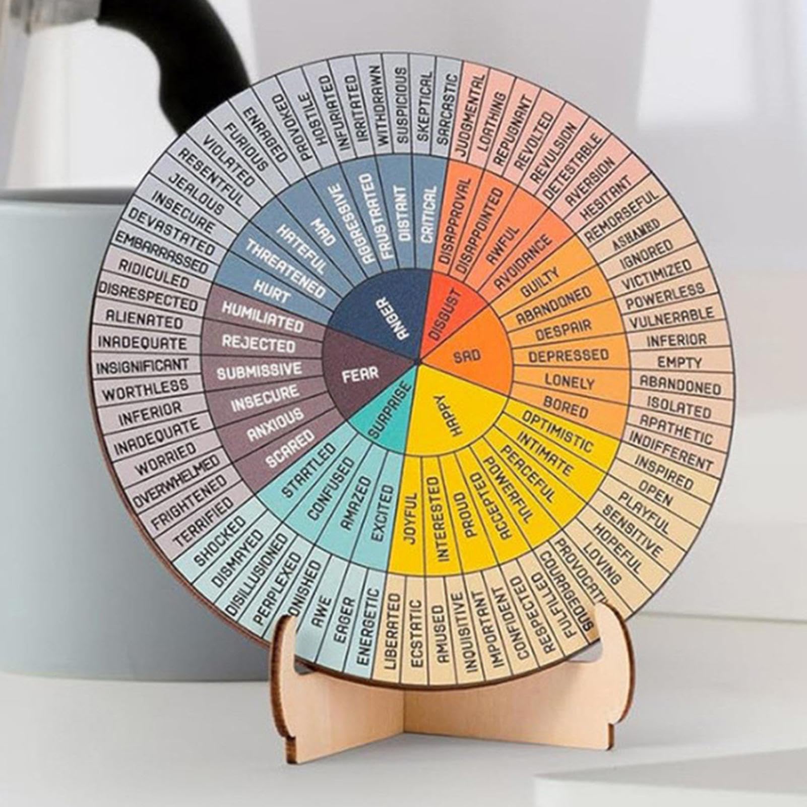 Feelings Wheel With Stand – Tableau d'humeur rond en bois, affichage des émotions double face | Aide visuelle en bois avec indicateur d'émotion, outil de bureau therpi, de l'humeur quotidienne