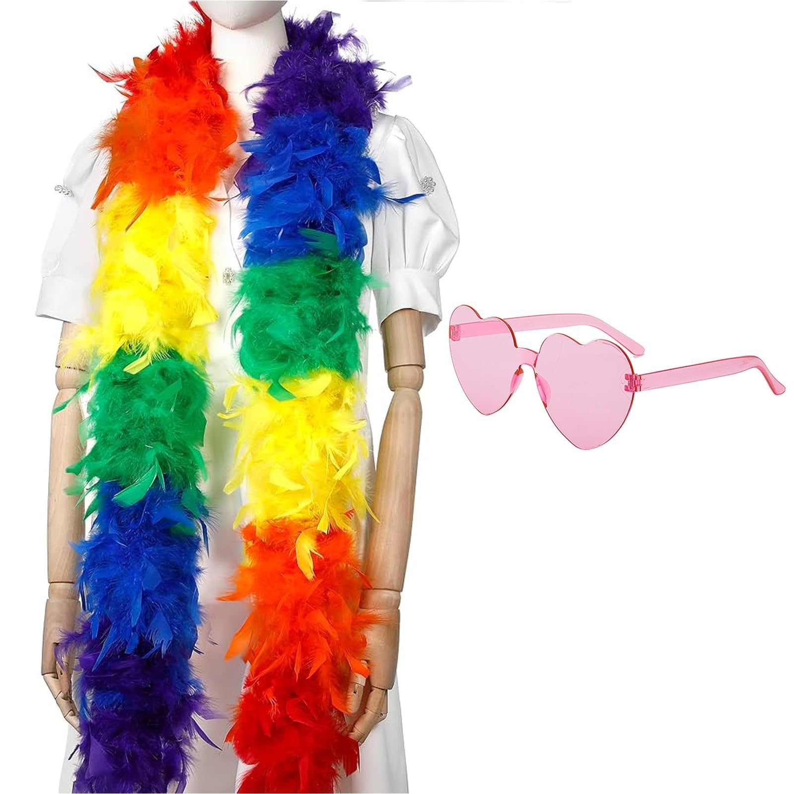 Rainbow Feather Boa Set with 1.8m Natural Feather Boa and Pink Heart Glasses, Suitable for Pride Accessories Decorations, LGBTQ Party Dancing, Cosplay, Halloween, Christmas