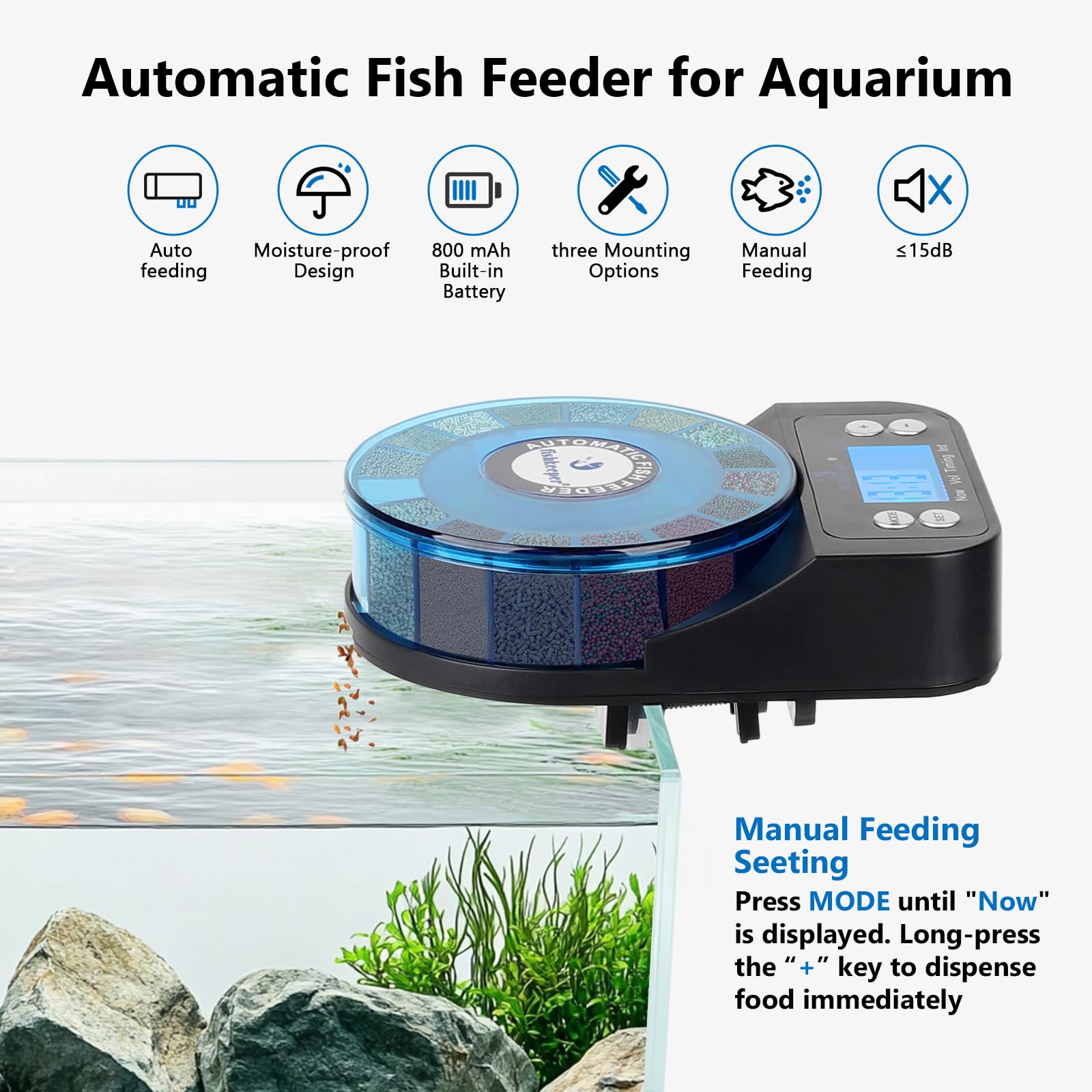 fishkeeper Mangeoire automatique pour poissons pour aquarium – Distributeur automatique de nourriture rechargeable et de précision pour poissons et tortues Betta, anti-humidité et anti-humidité