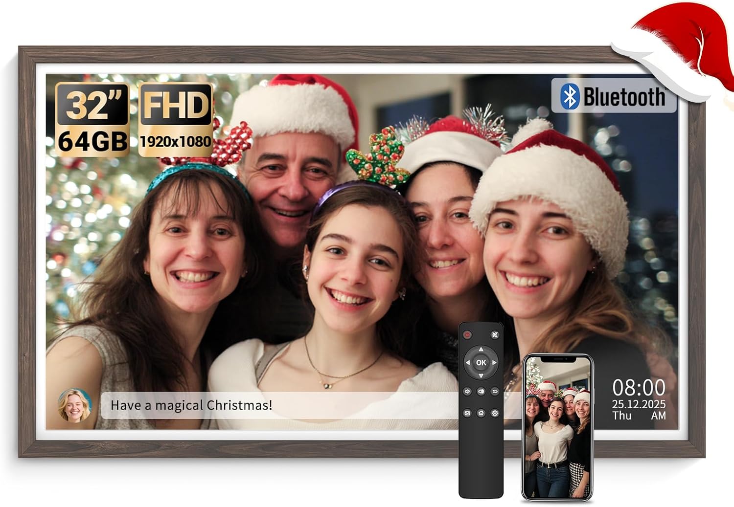 BSIMB Large Digital Picture Frame 32 Inch, 64GB 1920x1080 FHD WiFi Digital Photo Frame Electronic, Wall Mount Included, Share Pictures/Videos via App Easy Setup Gifts for Mom(Non-Touch), Dark Wood