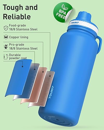Miniatura 2 de TOURIT Botella de agua aislada de 24 onzas, botellas de agua de acero inoxidable con asa, botella de agua deportiva al vacío de doble pared, sin