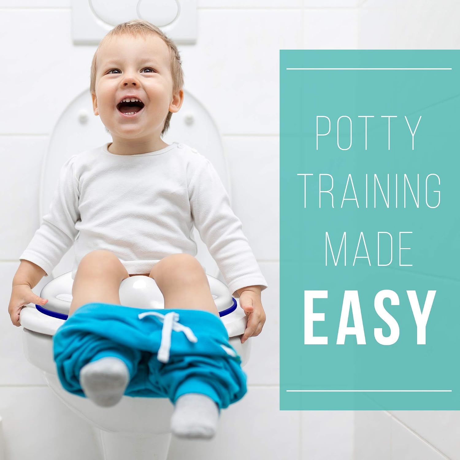 Blue Potty Training Seat - Non Skid Safety Grip, Splash Guard, Easy Wipe Clean, Hanging Storage Loop - Fits Oval and Rounds Toilets - for Baby and Toddler Boys Girls - by Ratiky (Blue Potty Seat)