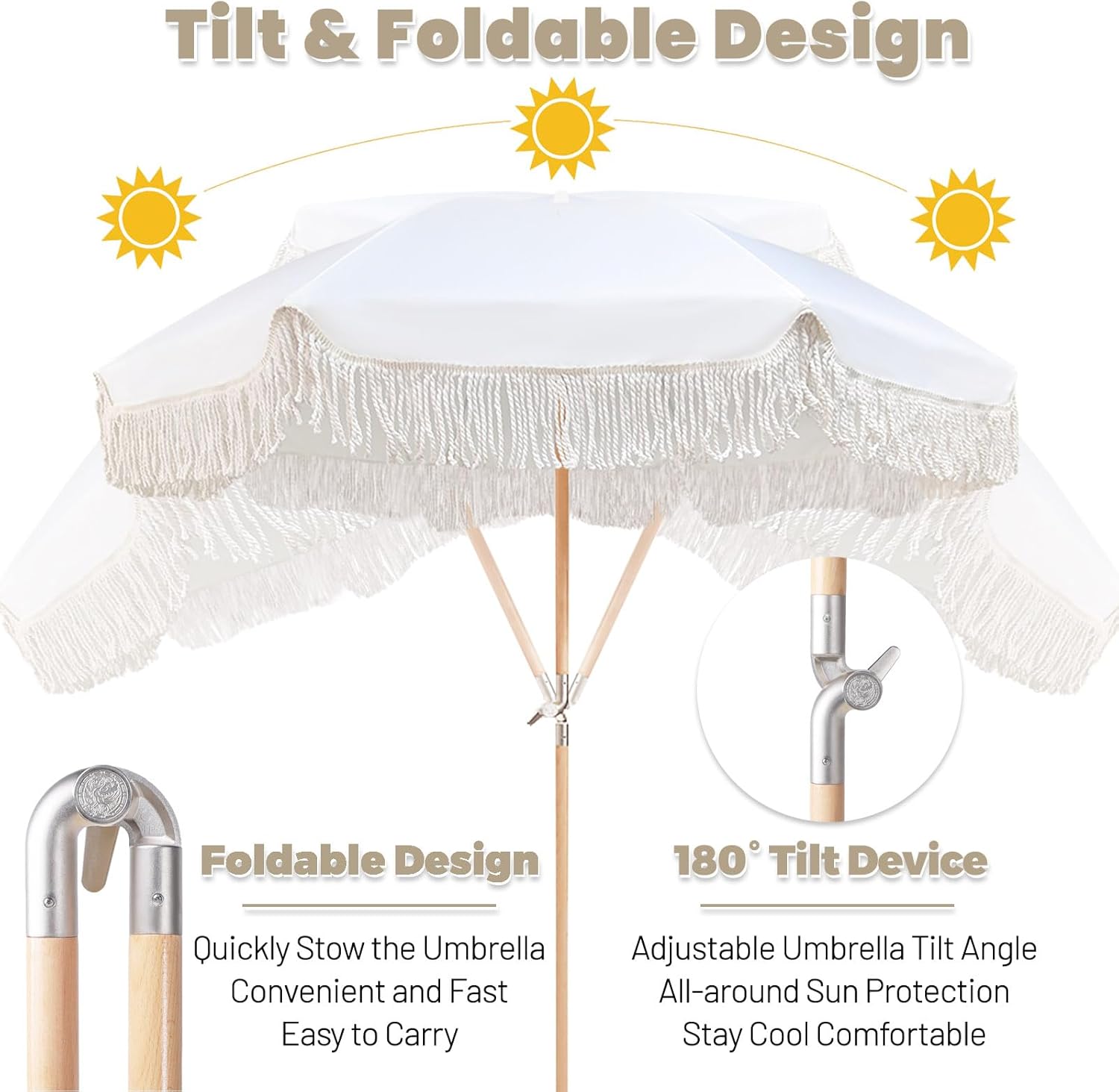 Lefedrasticity Boho Outdoor Umbrella with Tassels,6ft Table Umbrella Outdoor Patio with Knobs Tilt,Wind Resistant Portable Beach Umbrella UPF50+ Fringe Umbrellas For Pool Backyard Deck Garden
