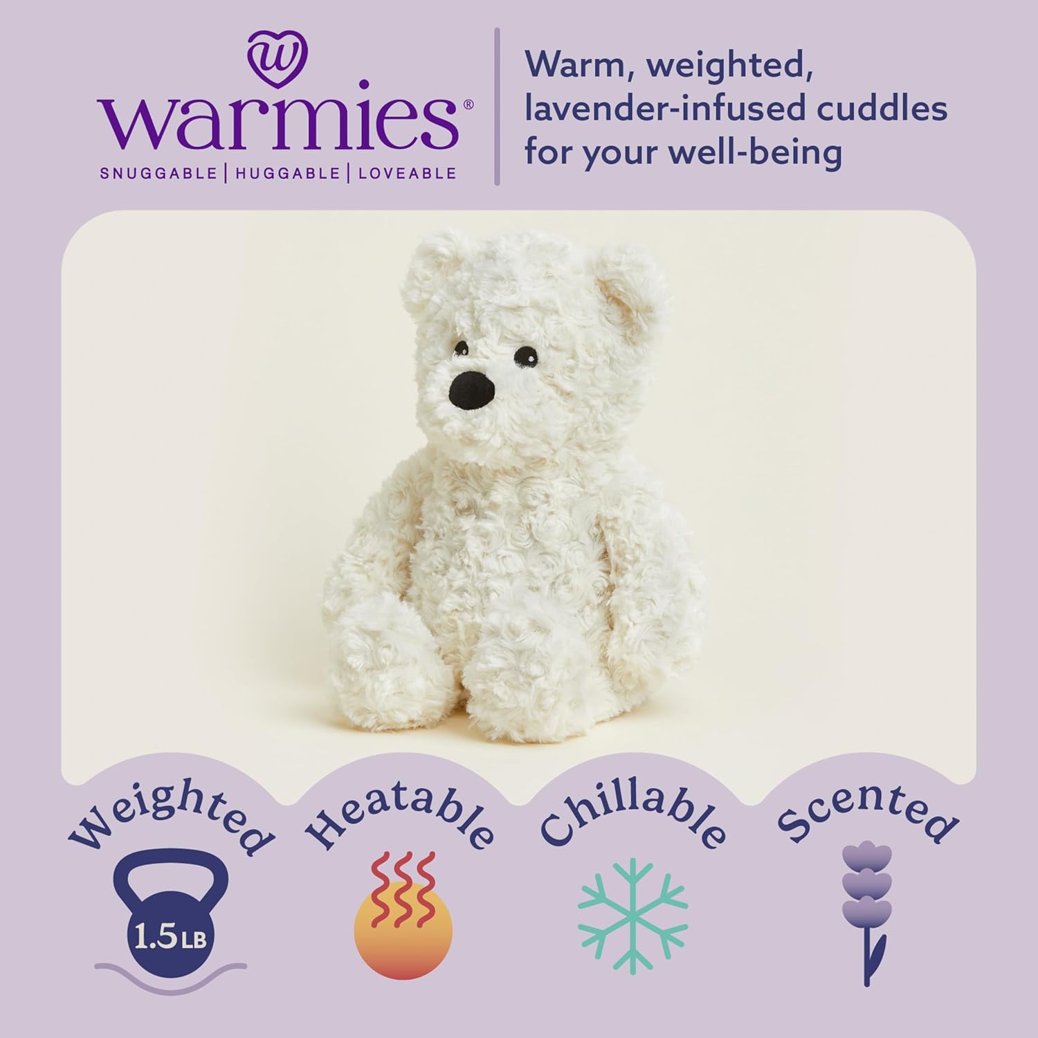 warmies Microwavable & Weighted Stuffed Animals, Cream Curly Bear - Heated Stuffed Animal Plushie for Warmth & Comfort - Cute Soft Plush Toys for Adults & Children (Boys, Girls, Babies & Toddlers)