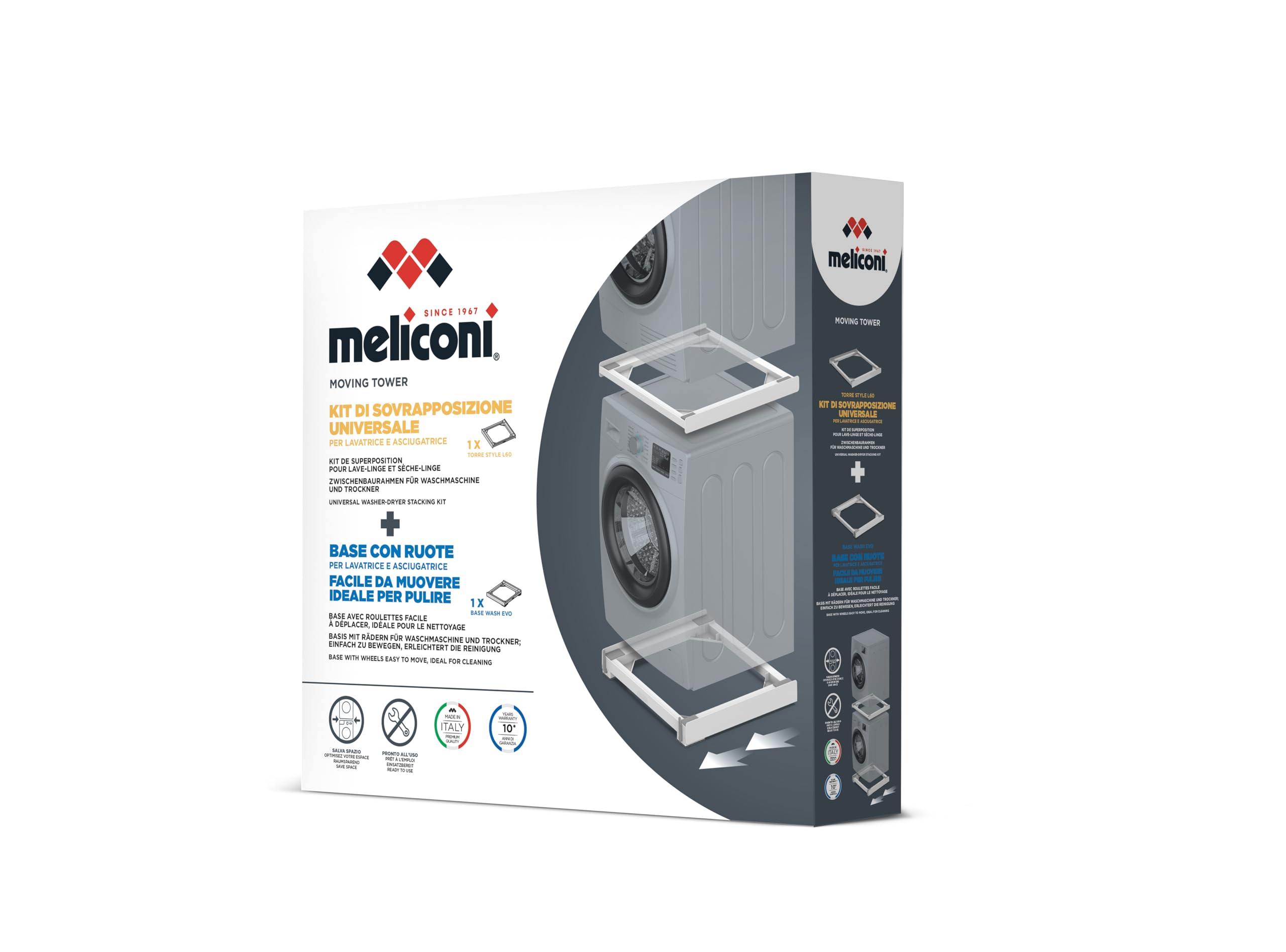 Meliconi Moving Tower, 2-in-1-Set für Waschmaschinen-Trockner | Enthält ein Zwischenbaurahmen und ein Untergestell mit Rollen und Bremsen, Struktur 30% Recyceltem Kunststoff, 250 kg, Weiß