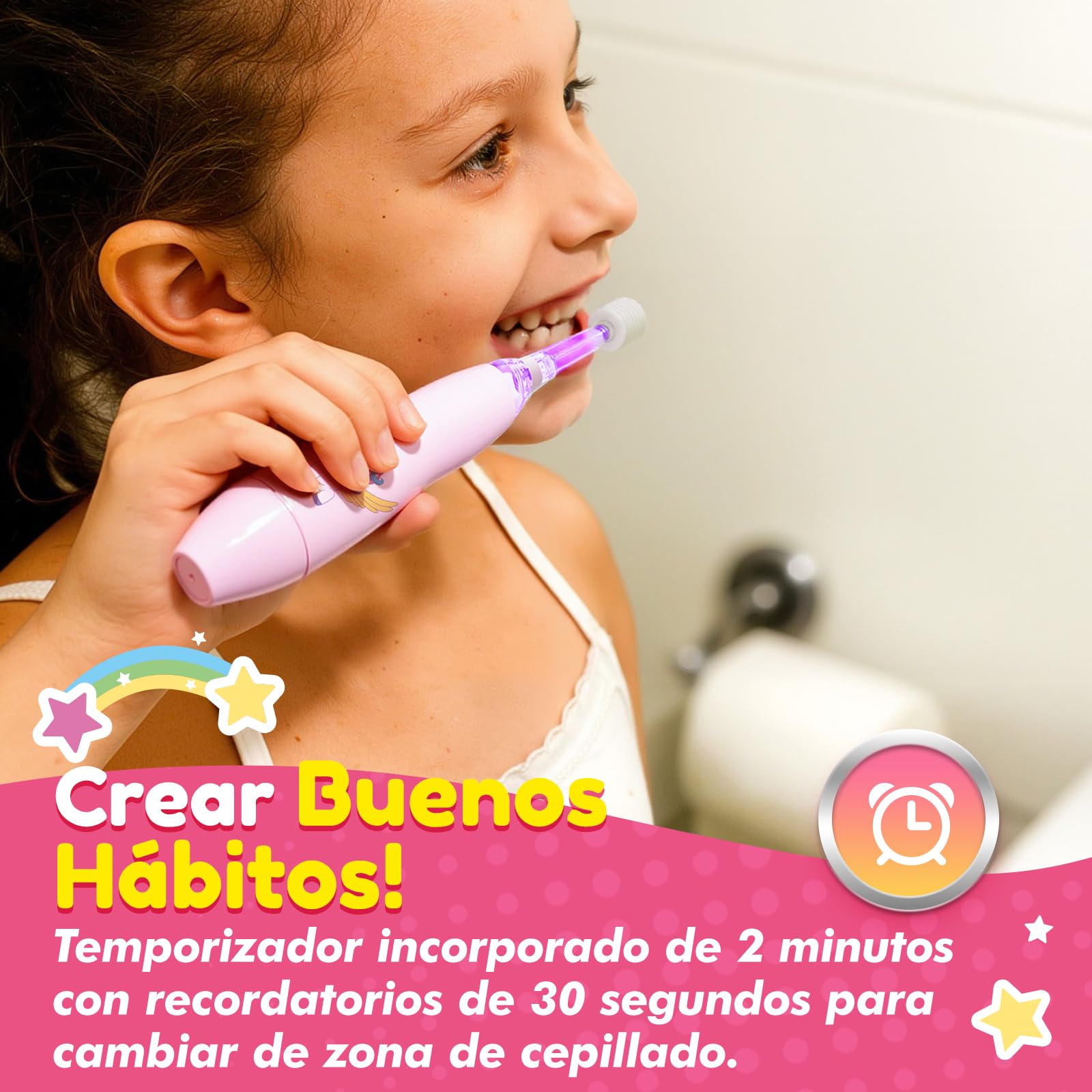 Cepillo de Dientes Eléctrico para Niños de 1 a 5 Años, Cepillo Eléctrico Infantil Sónico con 16,000 Vibraciones por Minuto, 4 Cabezales y 1 Pila AAA, Temporizador 2 Minutos, Impermeable IPX7 (Rosa)
