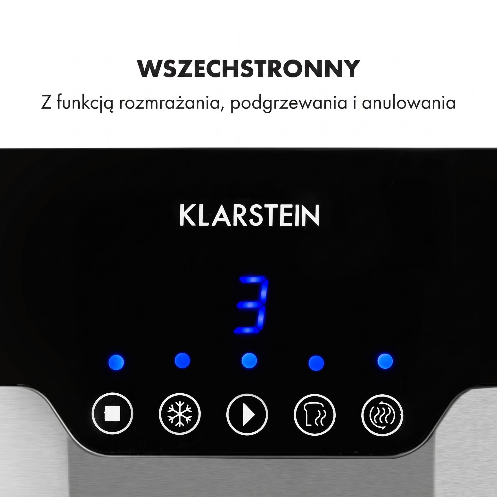 Klarstein Arabica tostadora, 920 W, panel táctil, pantalla LED, funciones descongelar, recalentar y cancelar, rejilla calientapanecillos, bandeja recogemigas, recogecable, acero inoxidable