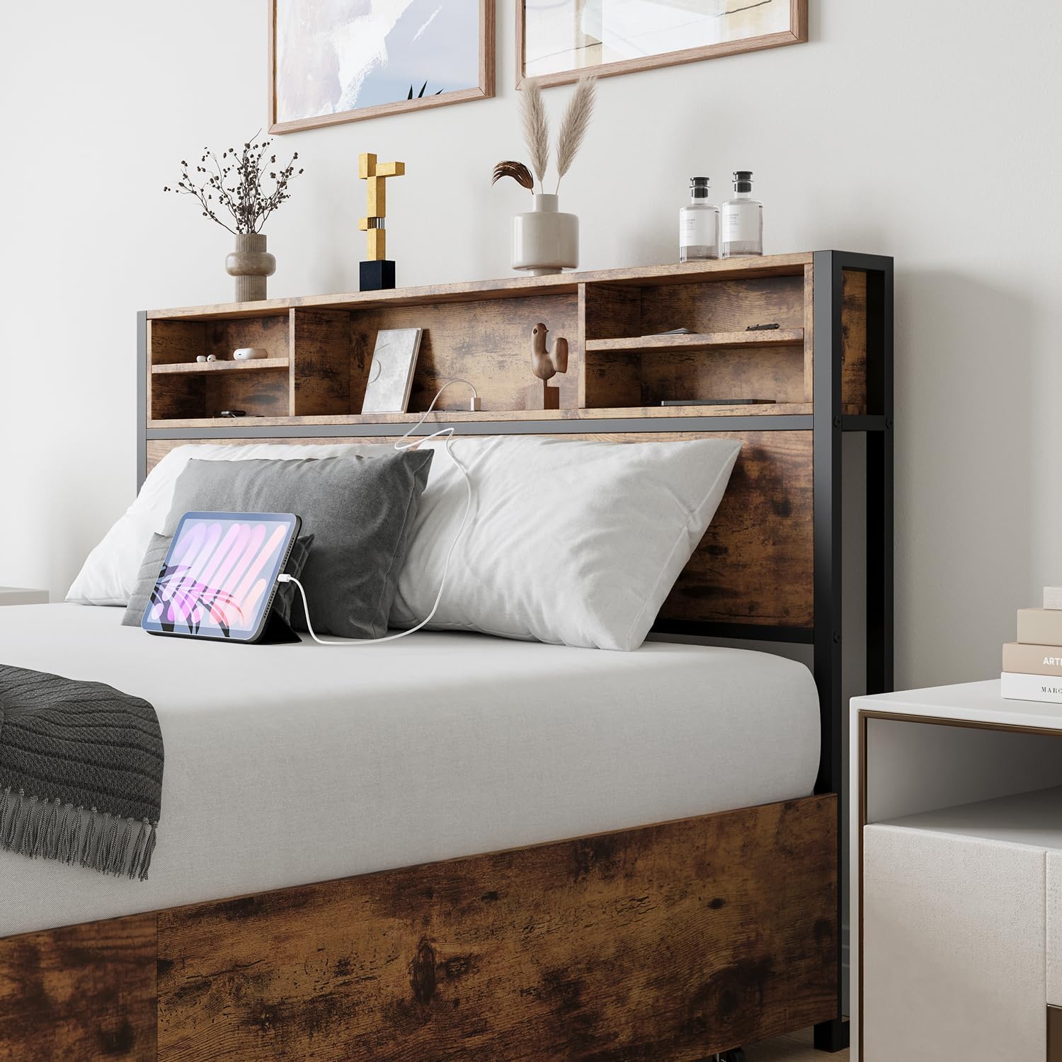 Bed Frame Queen with 4 Storage Drawers, Metal Platform Bed with Wooden Headboard and Charging Station, No Box Spring Needed, Noise Free, Easy Assembly (Brown+4Drawers, Queen)