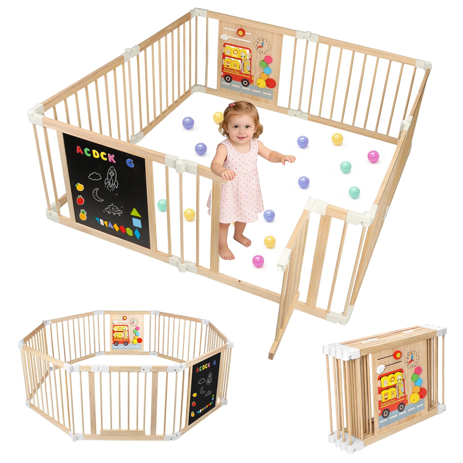 SPYLAVE Laufstall Baby aus Holz, Faltbares Laufgitter mit Tür, Montessori Aktivitätsspielzeug, Verstellbare Form, Sicherer Spielbereich für Babys und Kleinkinder, Groß & Stabil (1–3 Jahre)