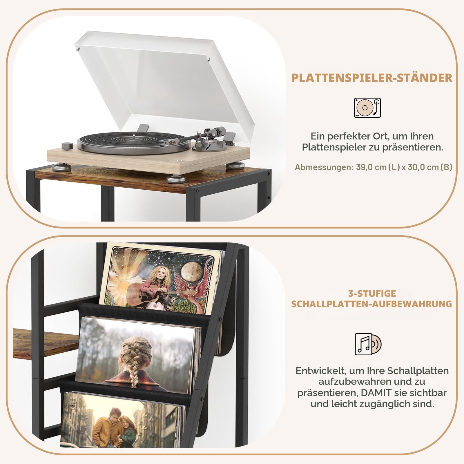 Bikoney Plattenspieler Ständer, Gitarrenständer für Akustik, E-Gitarre, Bass mit Verstärkerständer, 3-stufiger Schallplatten Aufbewahrung für bis zu 200 Alben, Plattenspieler-Tisch für Lautsprecher