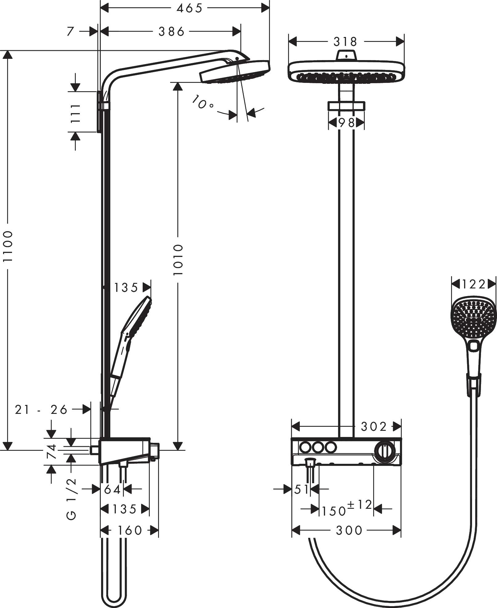 hansgrohe Raindance Select E Colonna doccia 230 3 tipi di getto con Showertablet Select 300, bianco/cromo, 27127400