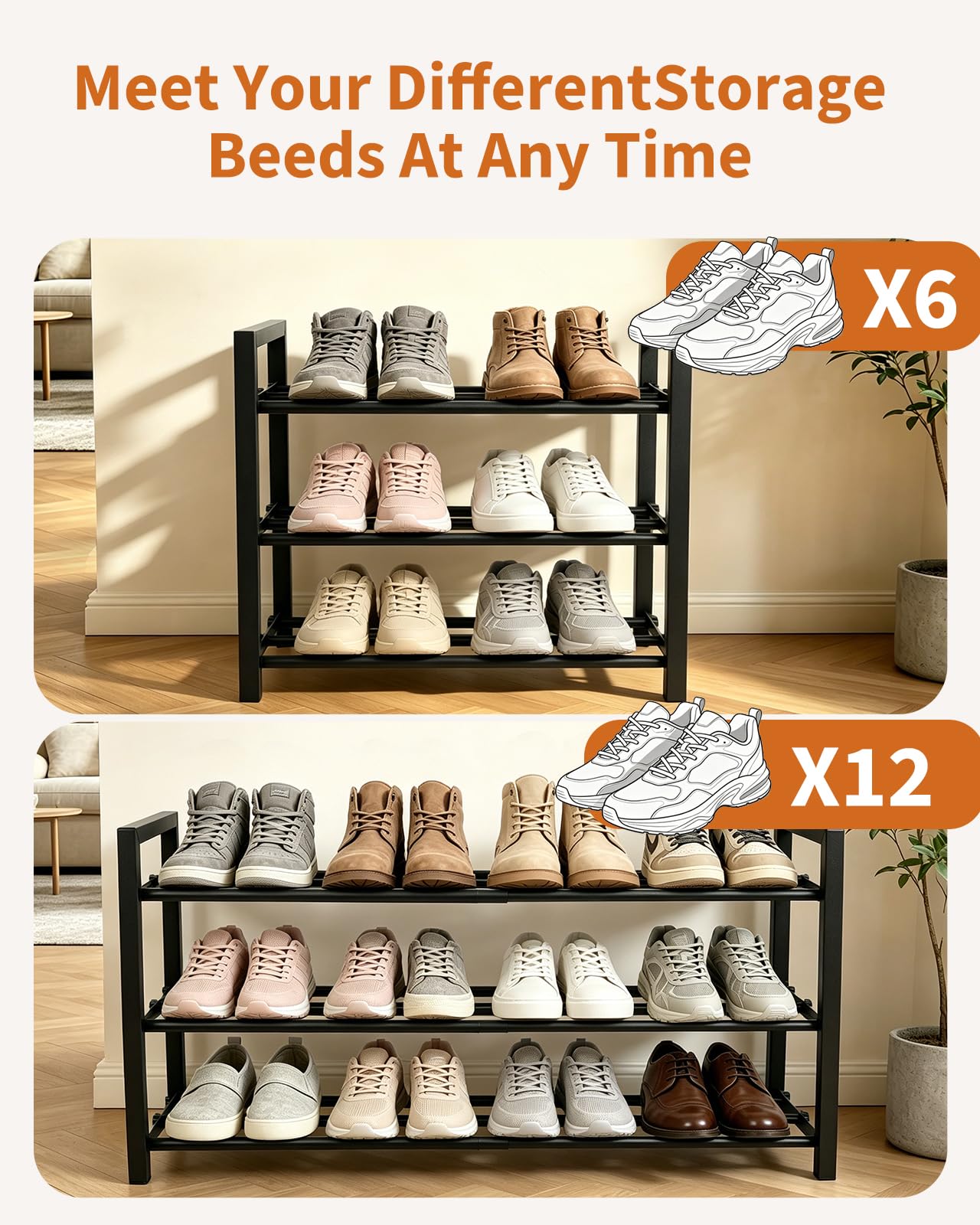 Scarpiera a 3 Ripiani, Scarpiera Salvaspazio Espandibile Portascarpe Aperta in Metallo per 6-12 Paia di Scarpe per Ingresso, Soggiorno, Corridoio, Camera da Letto, Armadio, Esterno (Nero,Piazza)