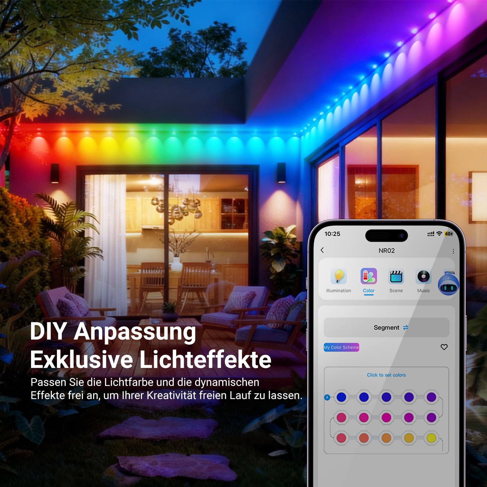 NEEWER 96ft Permanente Außenstrahler für Hausdekoration, Smart AI RGB IC CW Außen Dachüberstand Lichterkette, 60 LED Leuchten, App Steuerung 50+ Szenen IP65 wasserdicht, kompatibel mit Alexa, NR02