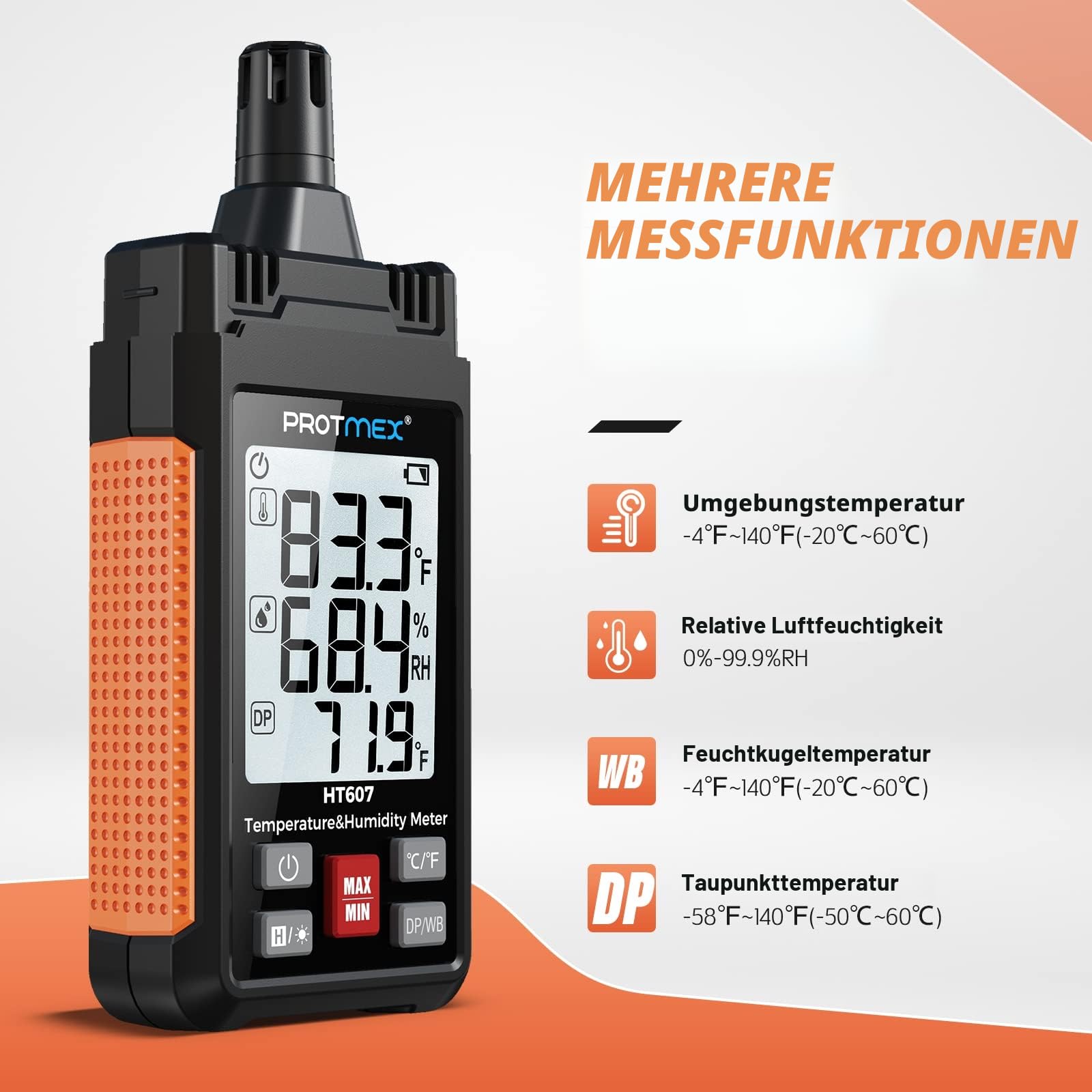 HT607 Temperatur-Feuchtigkeitsmessgerät Hochpräzisionsmessgerät mit Umgebungsluft, relativer Feuchte, Taupunkt, Feuchtkugelthermometer, Min/Max Hold, LCD-Hintergrundbeleuchtung