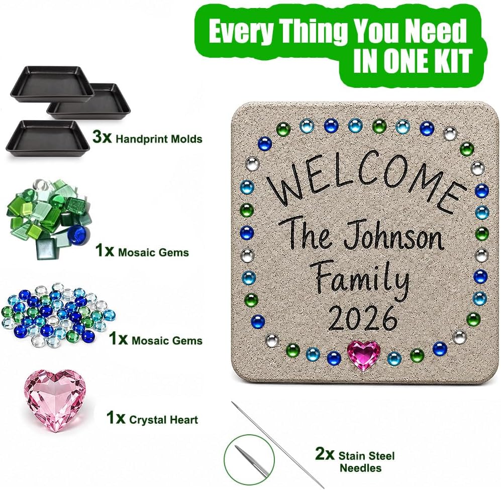 Handprint Stepping Stone DIY Kit - Reusable 10.Inch Square Concrete Molds+ Steel Carving Sticks+ Mosaics & Crystal Heart for Hand/Foot Print, Footprint Craft Witness of Special Time/None Cement