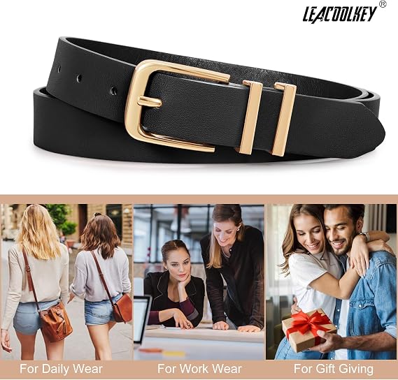 LEACOOLKEY 3 Pack Women's Leather Belts for Jeans Dress Pants Fashion Ladies Leather Belts with Gold Buckle