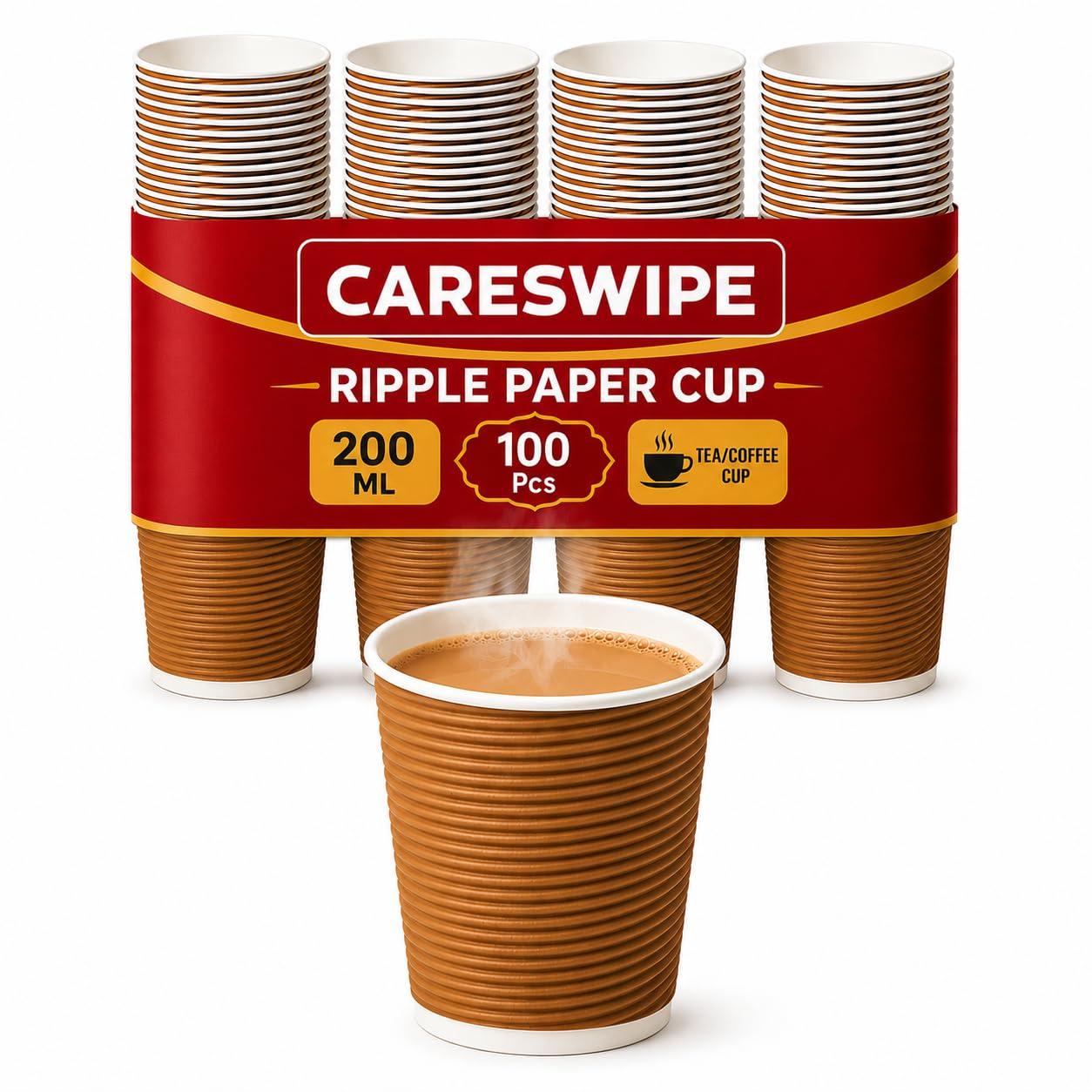 Careswipe Disposable Ripple Paper Cups 200 ml | Hot Coffee & Tea Cups | Insulated Corrugated Design | Leak Proof, Food Grade | Ideal for Office, Party & Events | Pack of 100