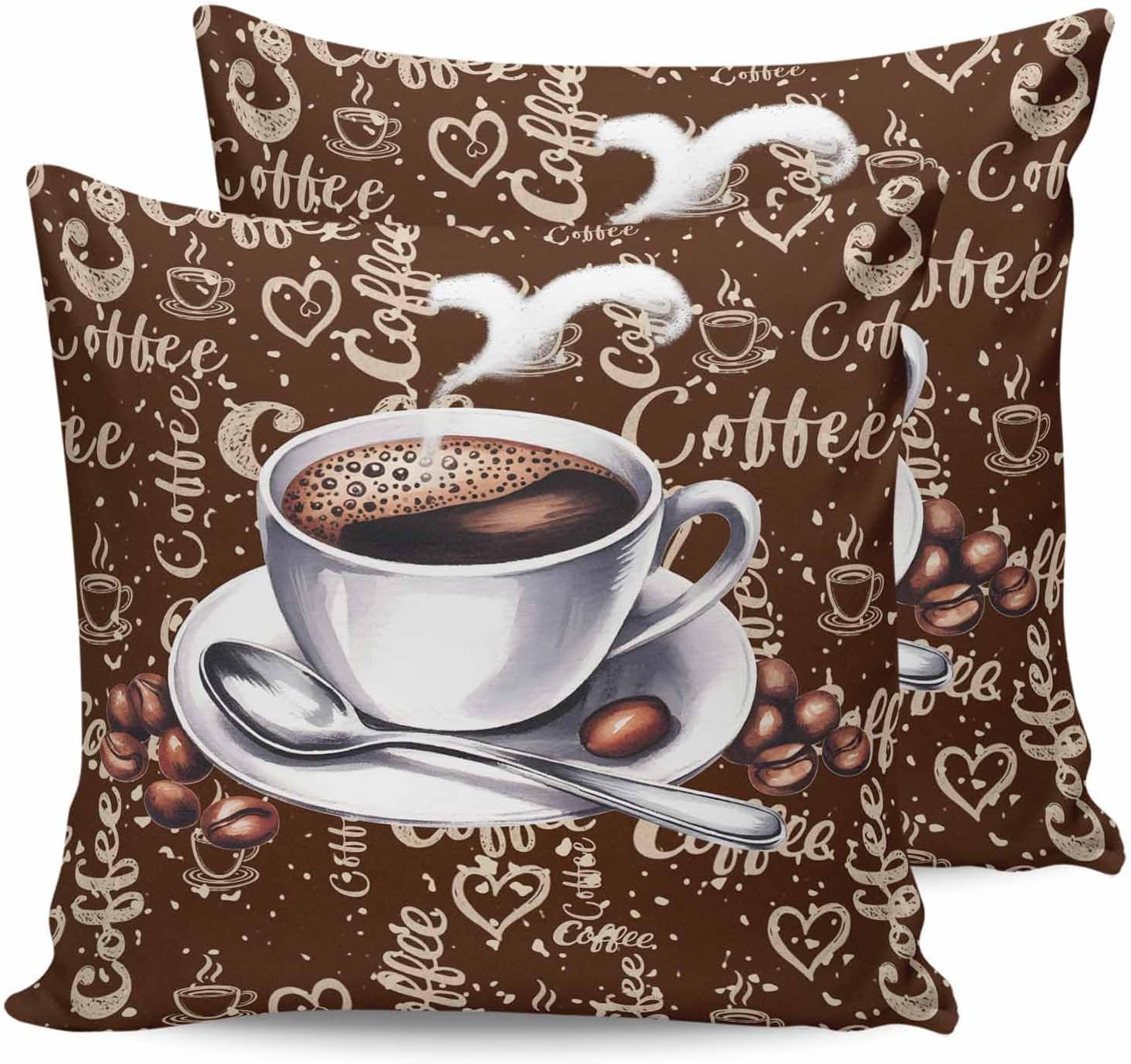 Coffee Square Pillow Shams Set of 2, Decorative Pillowcases Cushion Case, Soft Throw Pillow Covers Waterproof Pillow Case 26x26inch, A Cup of Tea Coffee Beans Vintage Brown