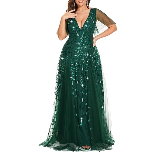 Ever-Pretty Women's Plus Size V-Neck Sequin Embroidery A Line Floor Length Formal Evening Dresses with Sleeves