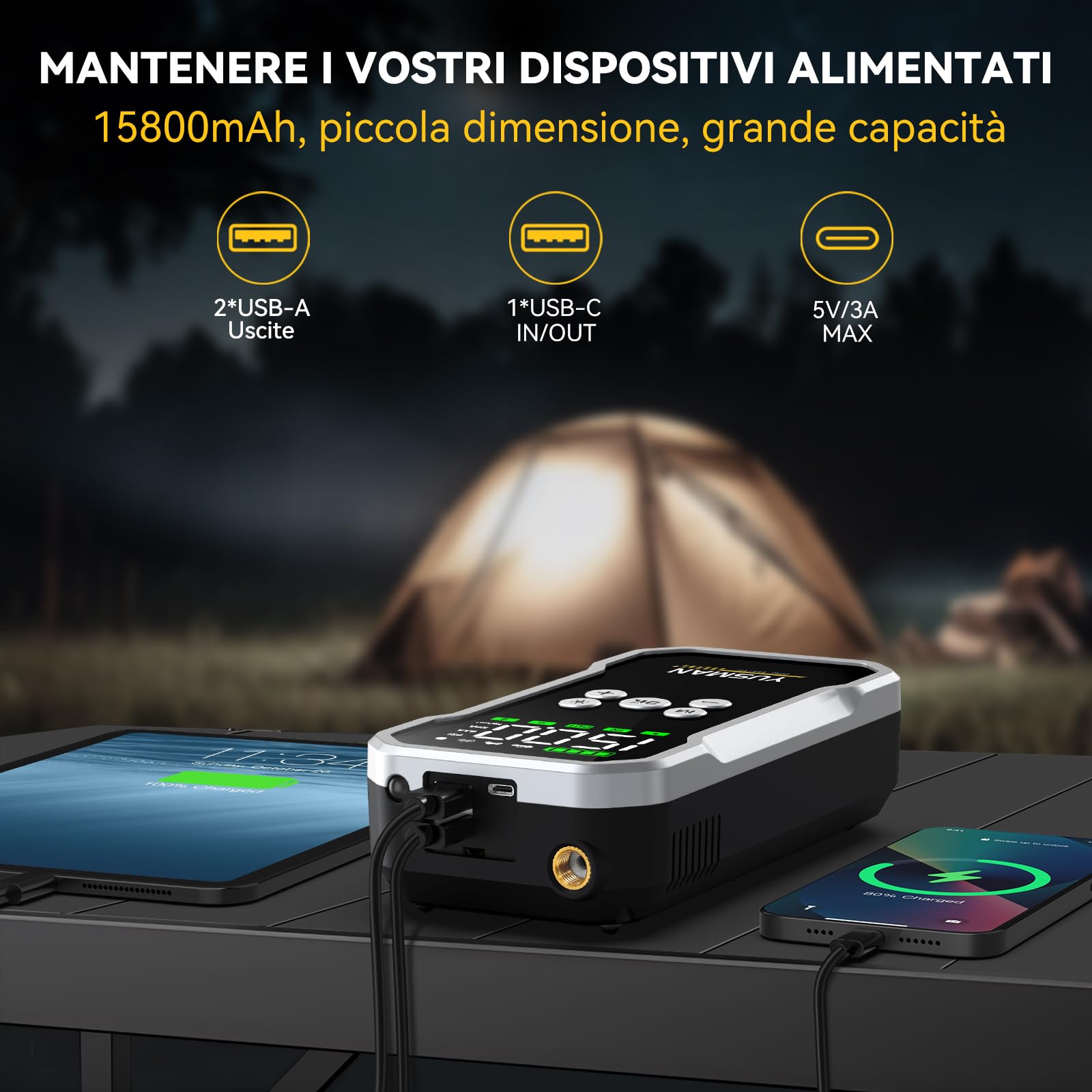 YUSMAN Avviatore Batteria Auto - 5000A, Booster Avviatore Auto con Compressore 150PSI (per 12V 10.0L GAS e 8.0L DIESEL), Jump Starter 5V/3A, Avviatore Emergenza Auto USB, LED,Starter Batteria Auto LCD