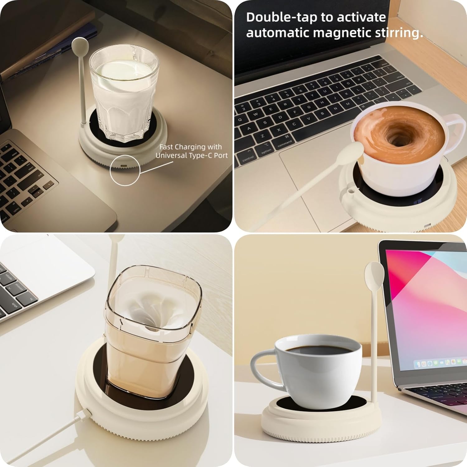 Automatic Magnetic Stirrer, 10000 RPM Electric Stirrer Cup for Coffee & Protein Shakes, Hands-Free Mixer to Prevent Lumps in Milk, Powder, Wine, with USB Charging (white Set)