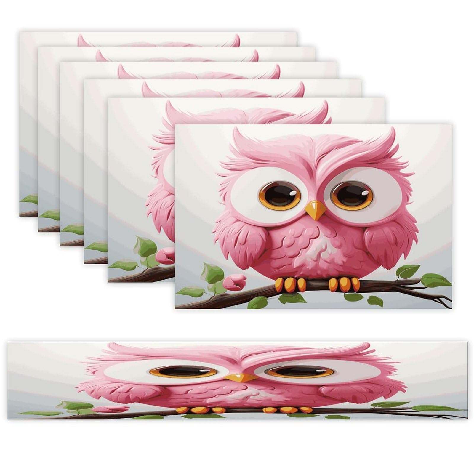 A Pink Owl Table Runner and Placemats Set of 6 Wipe Clean Heat Resistant Table Mat with Table Runner Decorations Flax Linen Place Mat Set for Home Kitchen Party Supplies