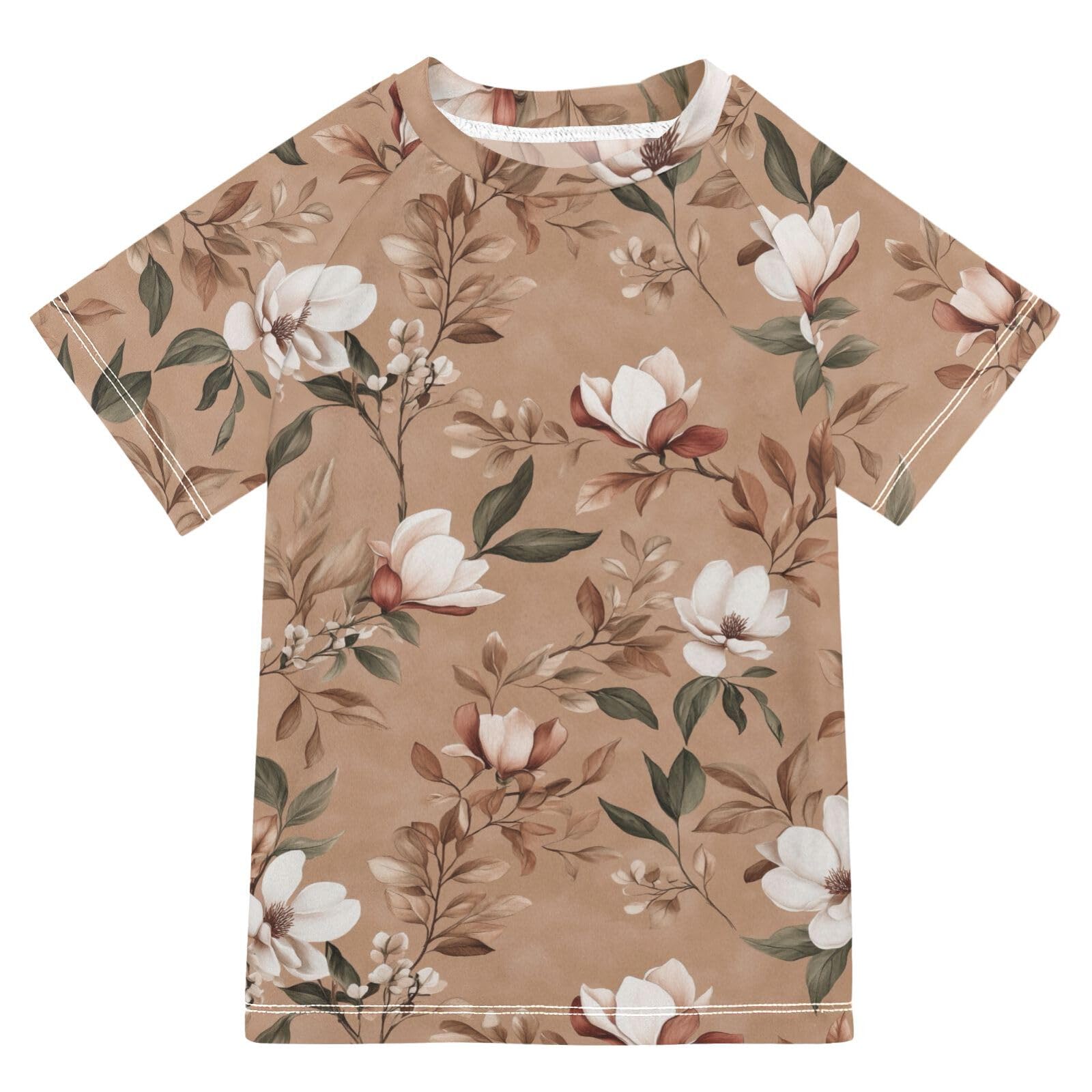 ALAZA Kids Rash Guard Boys Toddler Swim Shirts Short Sleeve Flowers Earthy UPF 50+ 3T