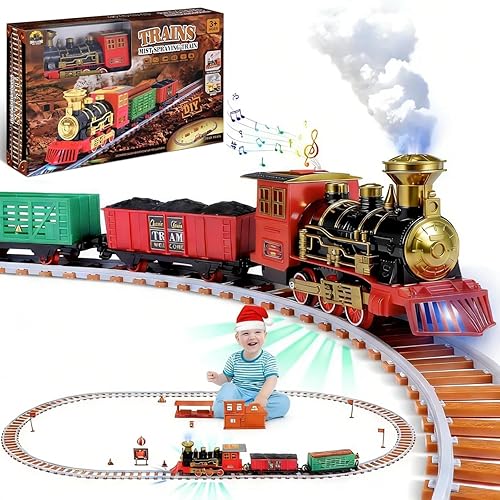 Juegos de trenes navideños para alrededor del árbol, juego de tren eléctrico para niños de 4 a 8 años con sonidos, luces y humo, juego de tren de