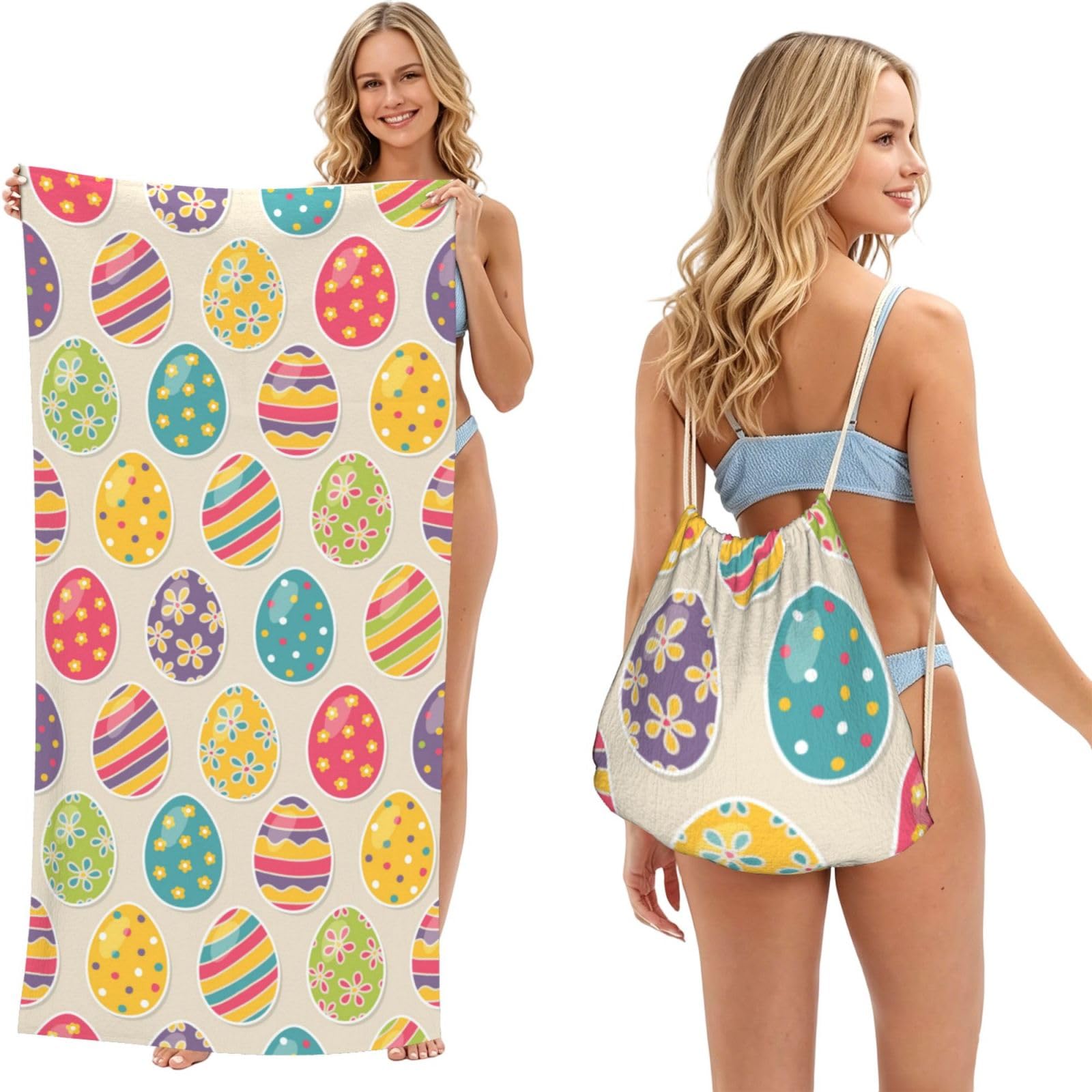 Poadnly As Picture Easter Eggs, 2 In 1 Packable Towel Bag, Beach Towels With Drawstring Backpack For Travel Holiday Camping