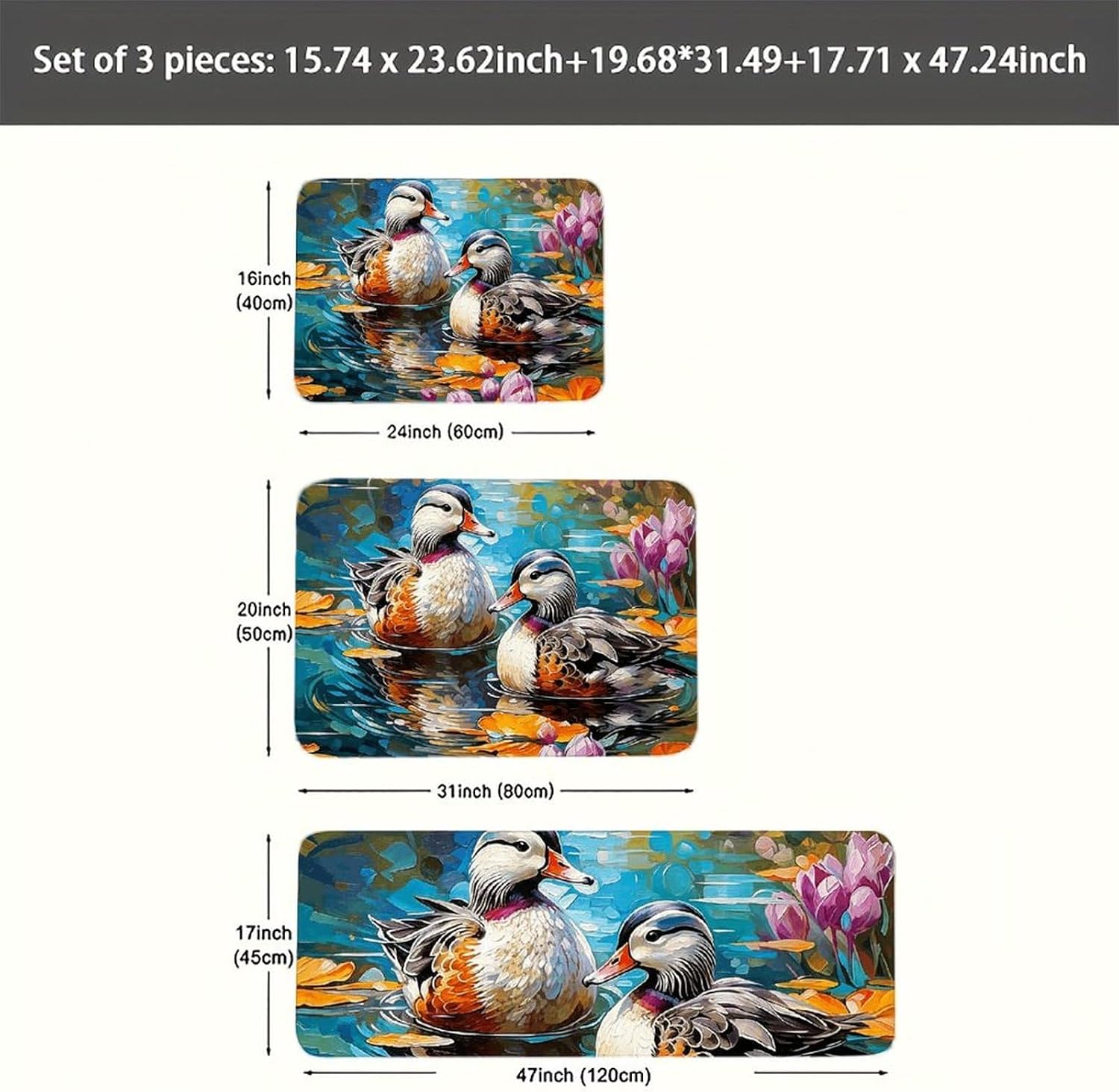 Watercolor Mandarin Ducks Kitchen Mats for Floor 3 Pcs Kitchen Rugs