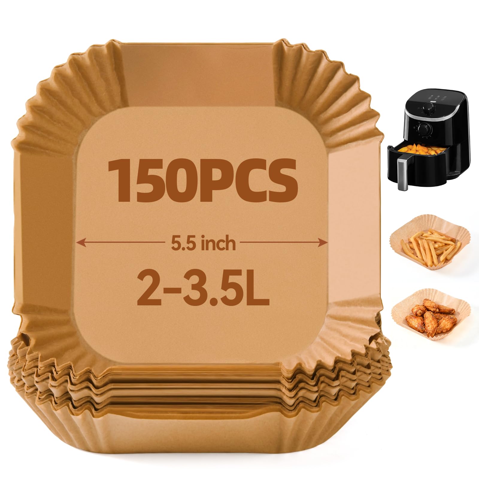 Fioxcomko 150PCS Air Fryer Liners for Cosori Small/Midea/Chefman Mini/Daewoo Compact 2L, 5.5Inch Square Airfryer Liner, Nonstick Parchment Paper for Small AirFryer Baskets