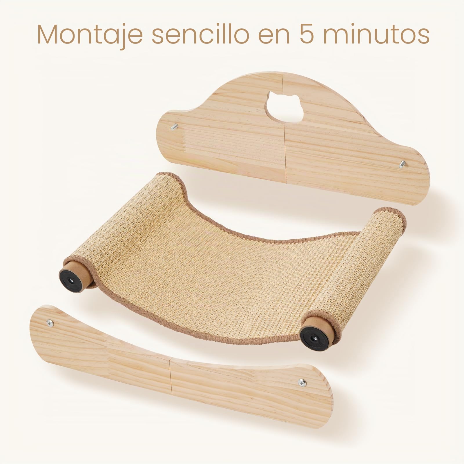 Avont Cama para Gatos Rascadora 2 En 1 De Sisal Natural, Tumbona De Madera Maciza Resistente, Sofá Rascador Sin Ensuciar para Gatos De Interior, Protector De Muebles, Tamaño Grande 58 Cm | Rascador horizontal sin ensuciar, grande